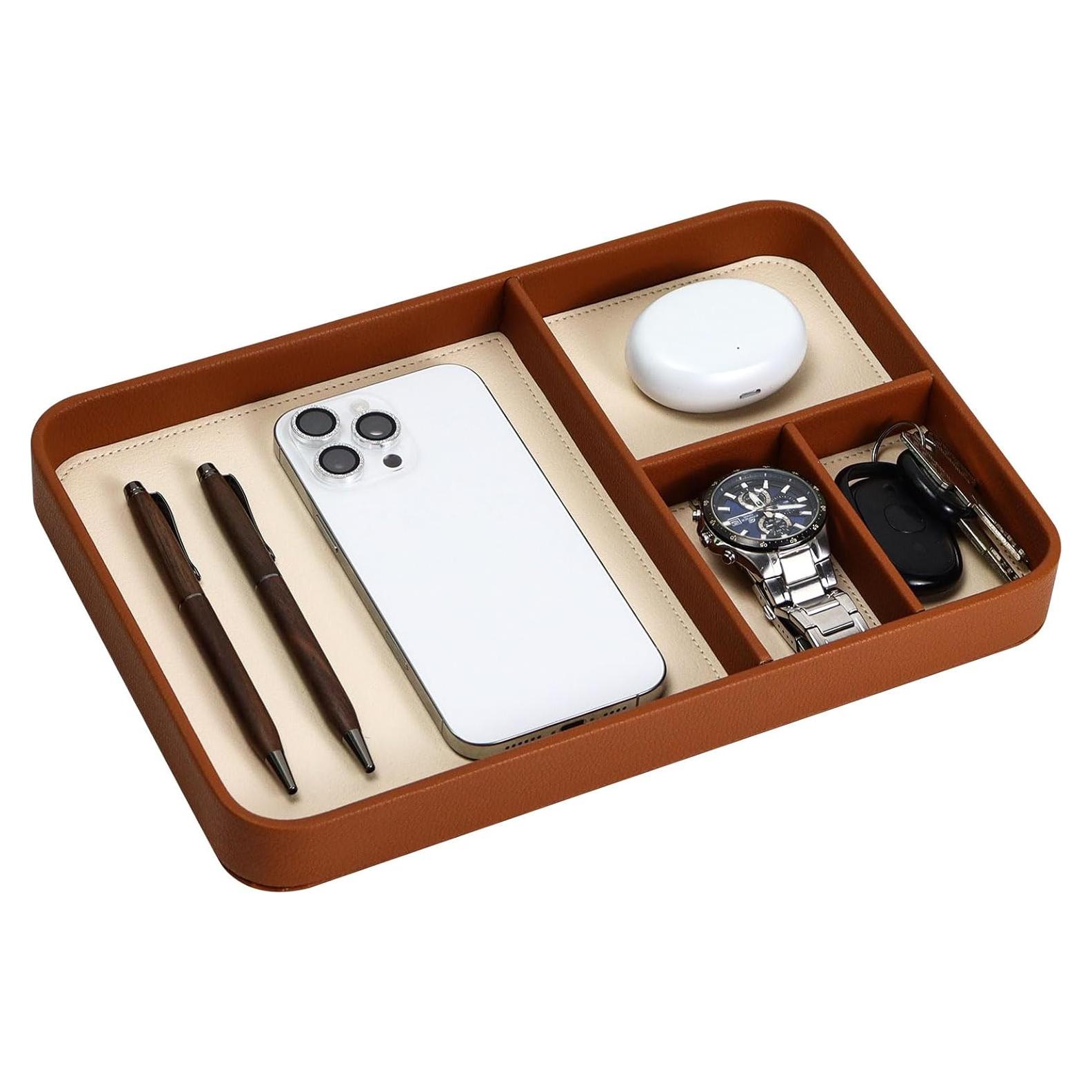 Bandeja Organizadora de Cuero PU Buqoo Marrón 4 Compartimentos