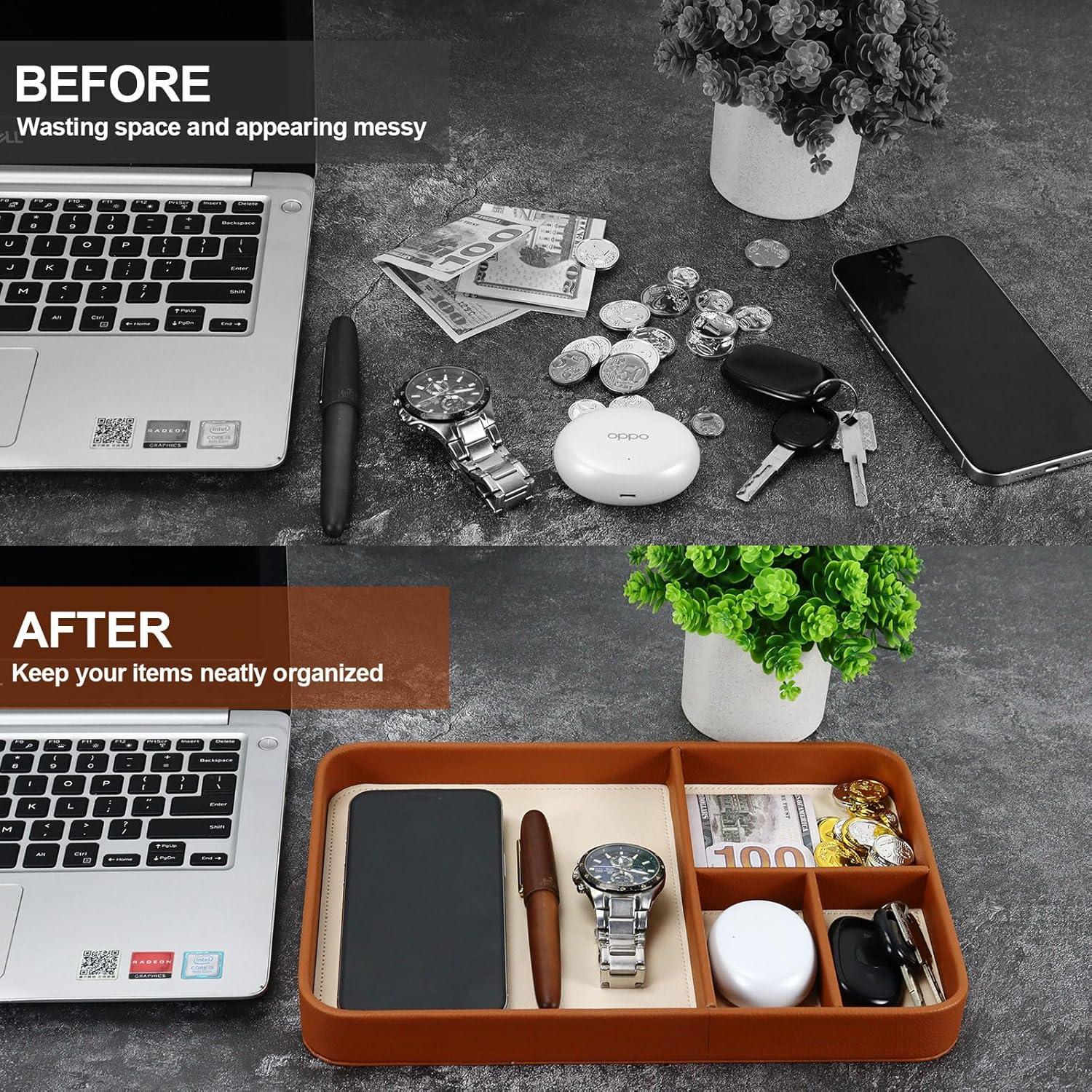 Bandeja Organizadora de Cuero PU Buqoo Marrón 4 Compartimentos