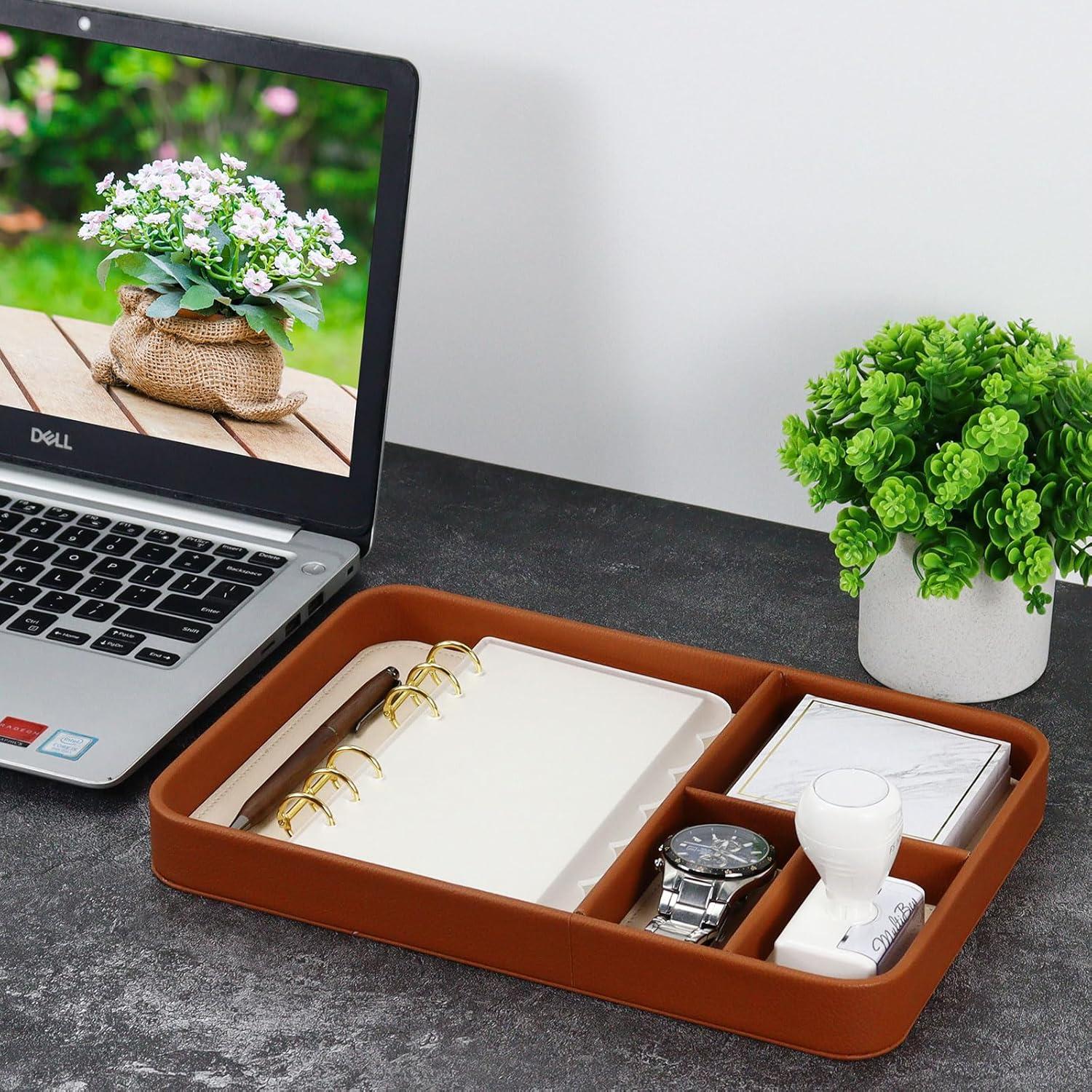 Bandeja Organizadora de Cuero PU Buqoo Marrón 4 Compartimentos