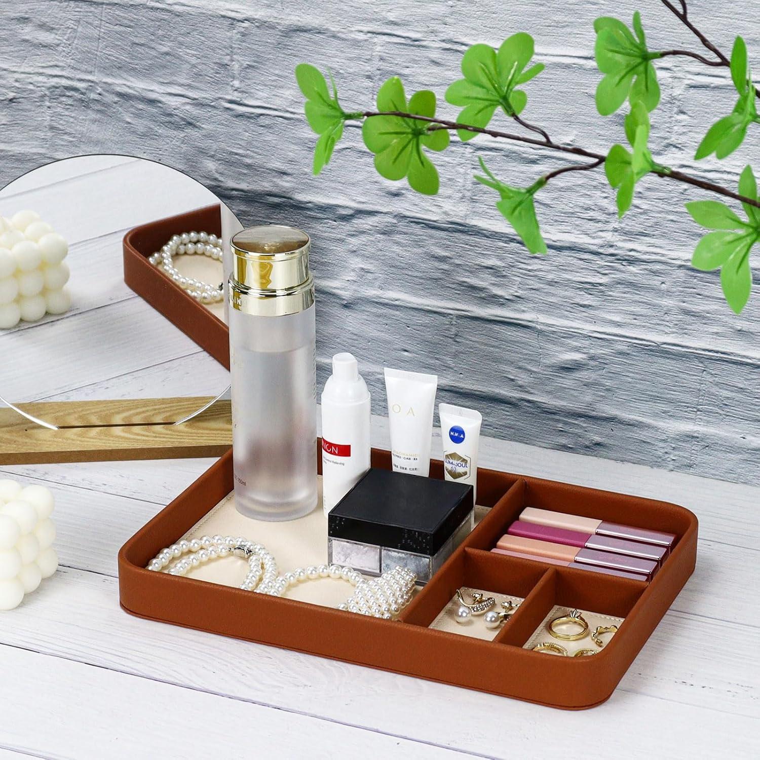 Bandeja Organizadora de Cuero PU Buqoo Marrón 4 Compartimentos