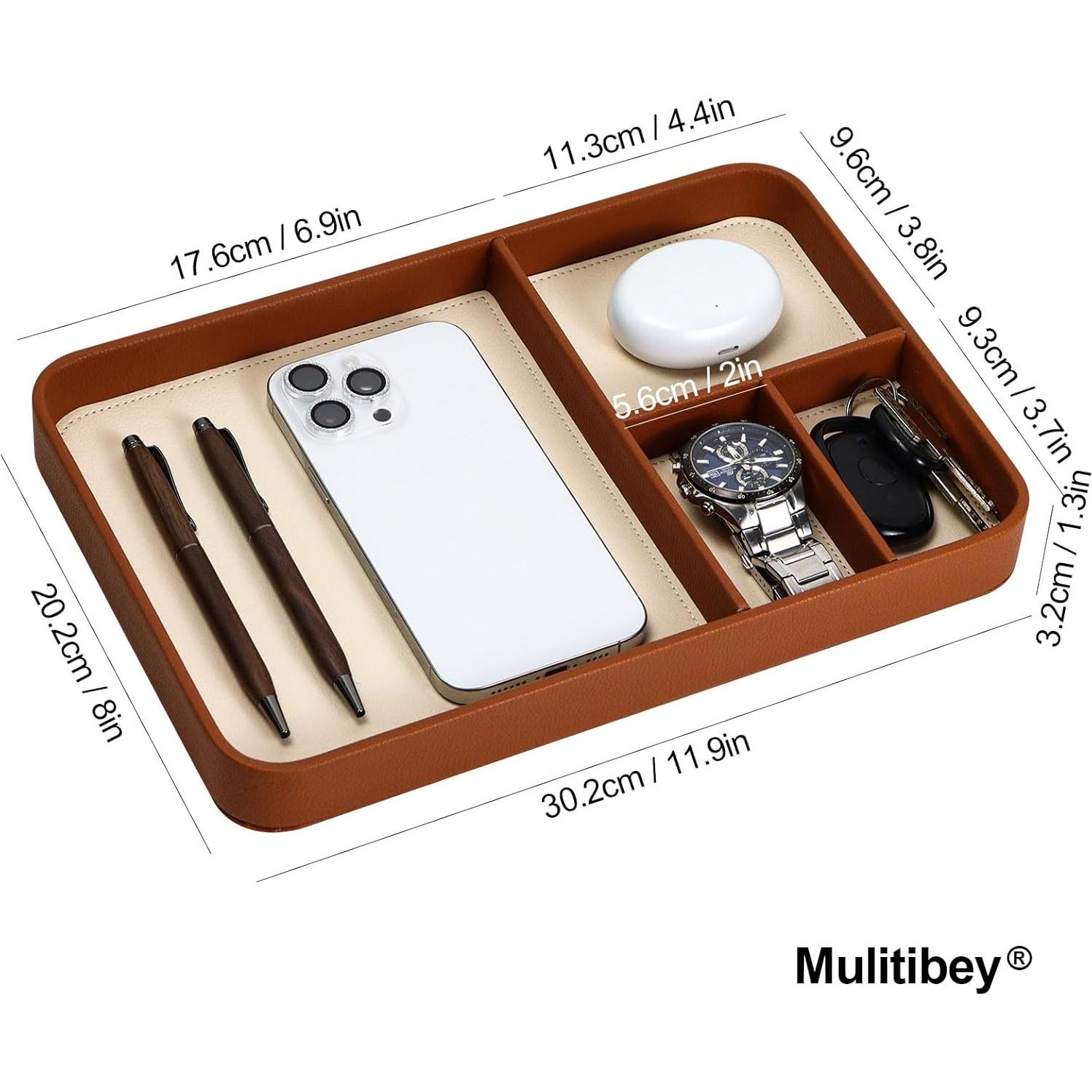 Bandeja Organizadora de Cuero PU Buqoo Marrón 4 Compartimentos