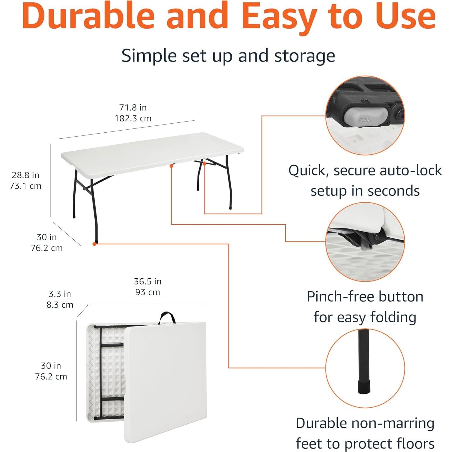 Mesa Plegable Amazon Basics 1.83 m Blanca para Interior y Exterior