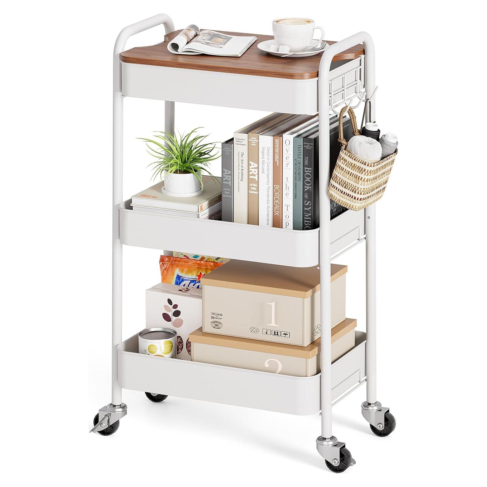 Carro Rodante TOOLF de 3 Niveles Blanco, Metal y Madera