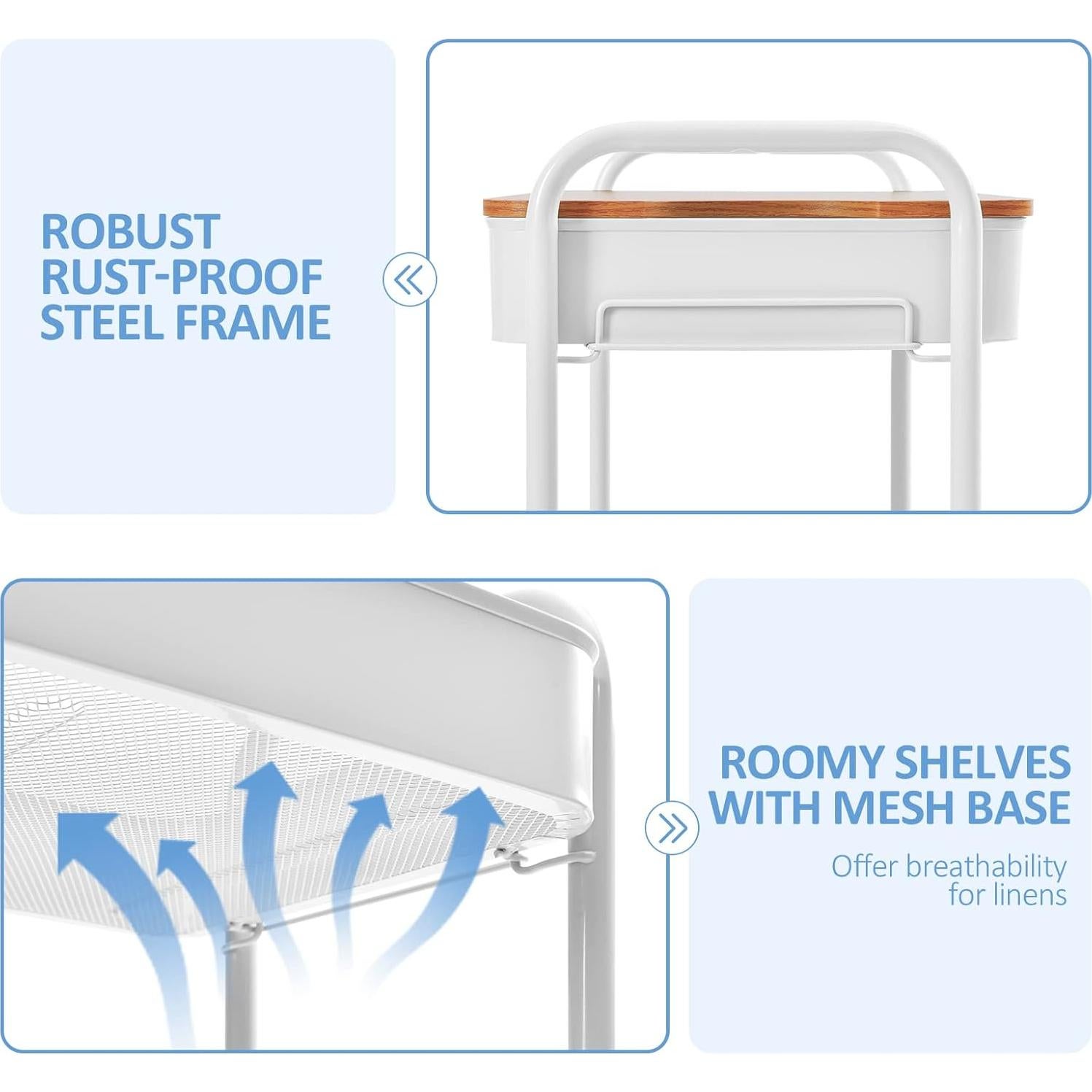 Carro Rodante TOOLF de 3 Niveles Blanco, Metal y Madera
