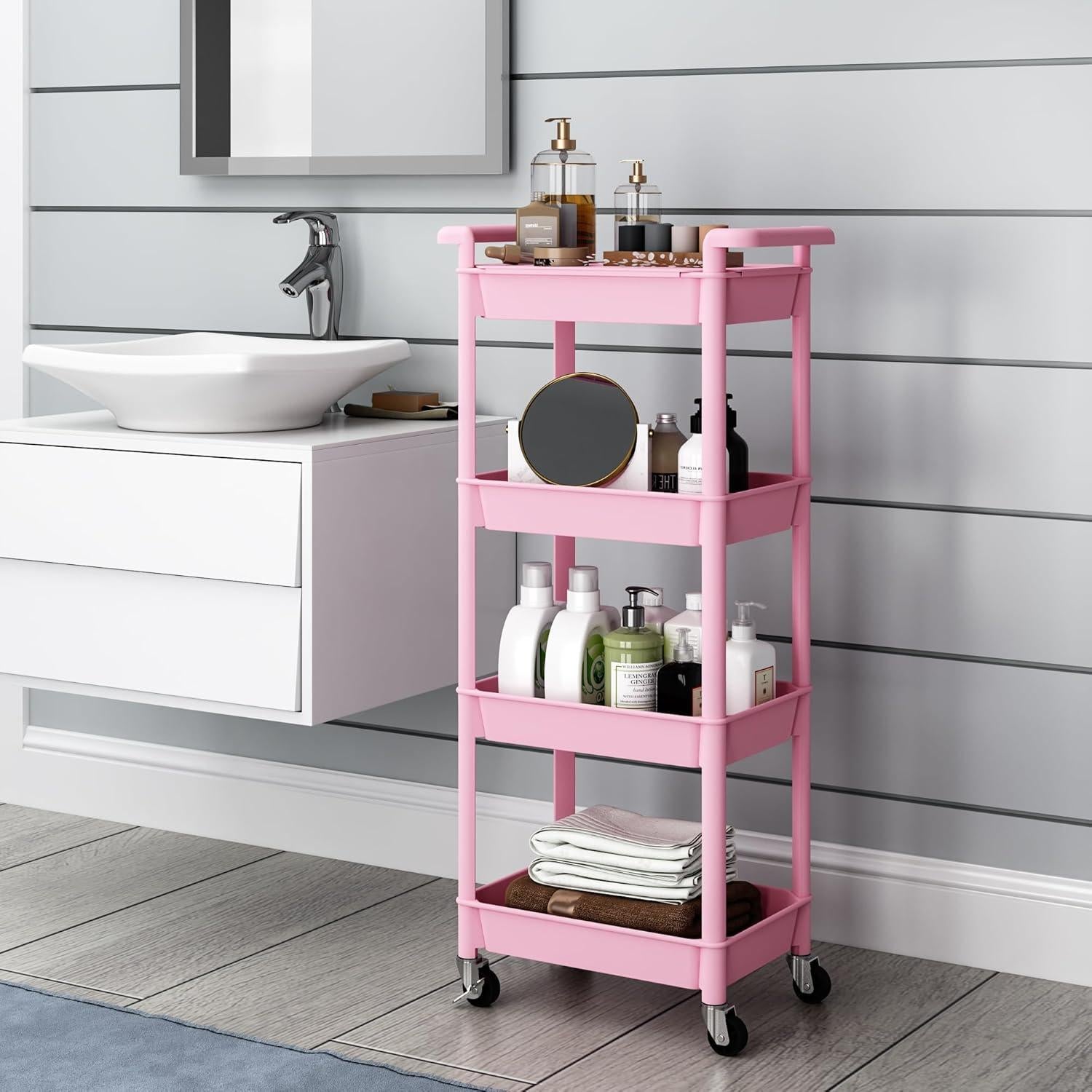 Carro organizador rodante Steehoom 4 niveles rosa con tapa