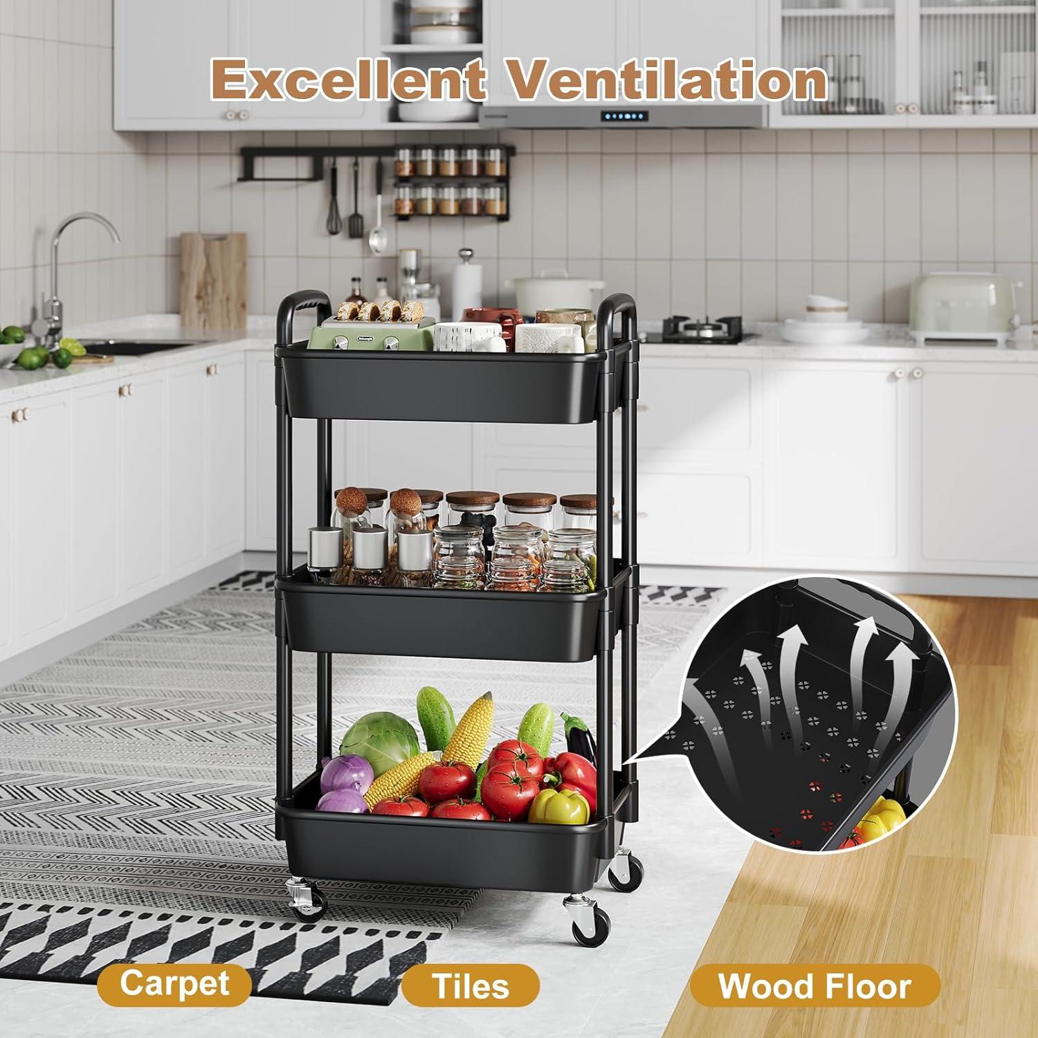 Carro Rodante de Plástico WBKATN 3 Niveles Negro Mate