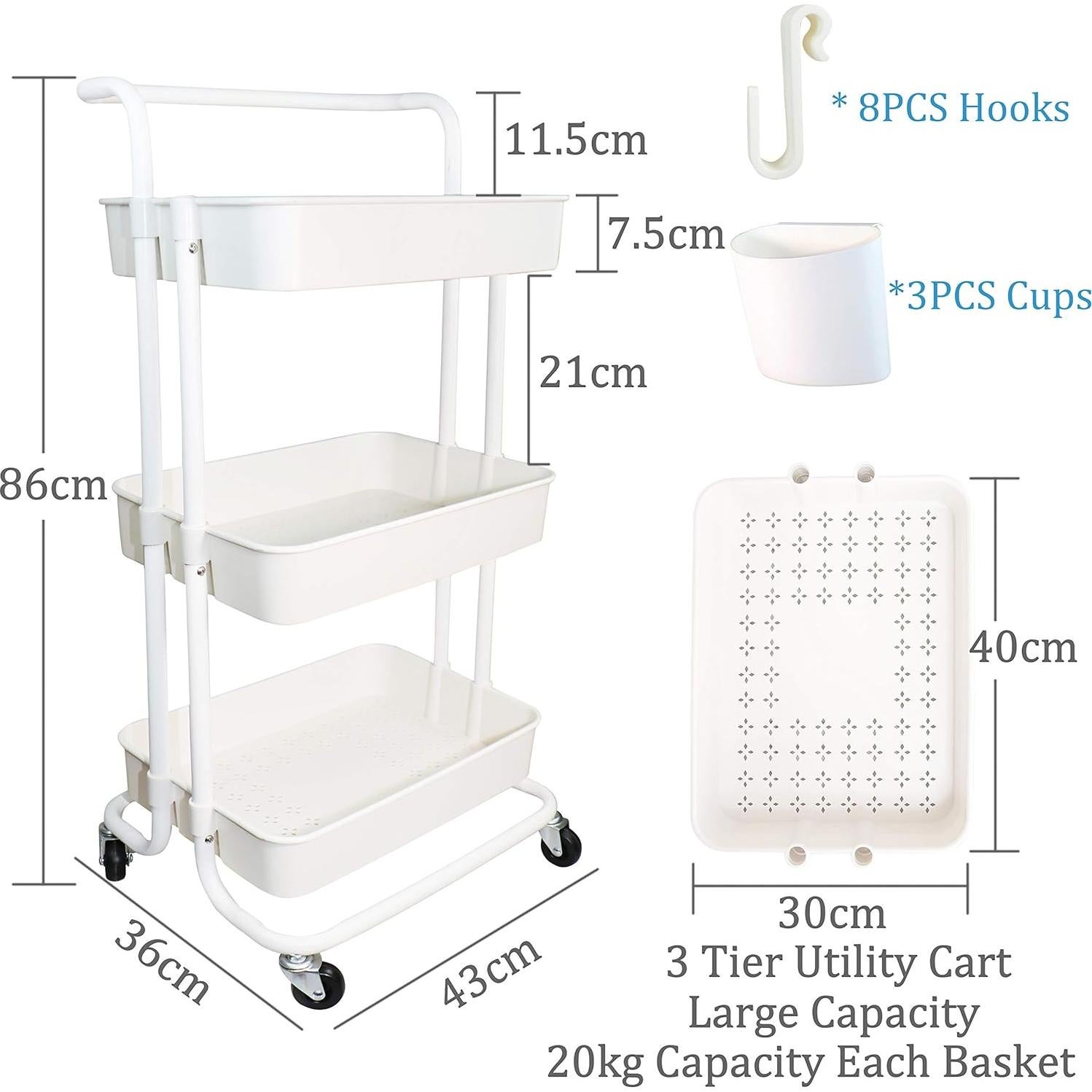 Carro Rodante Multifuncional Piowio 3 Niveles Blanco 87x43x36cm