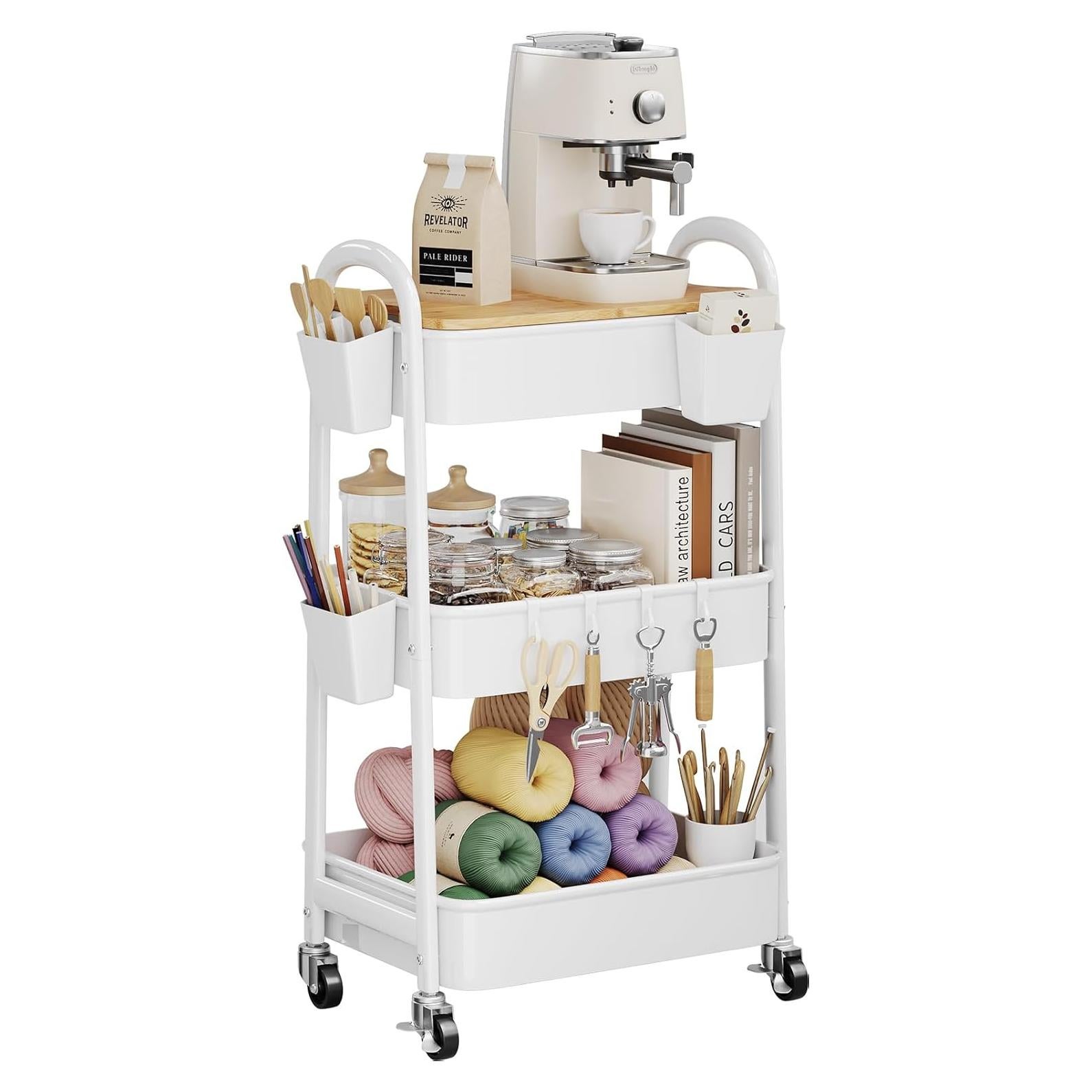 Carro Rodante de 3 Niveles Kzeirm Blanco con Mesa de Bambú