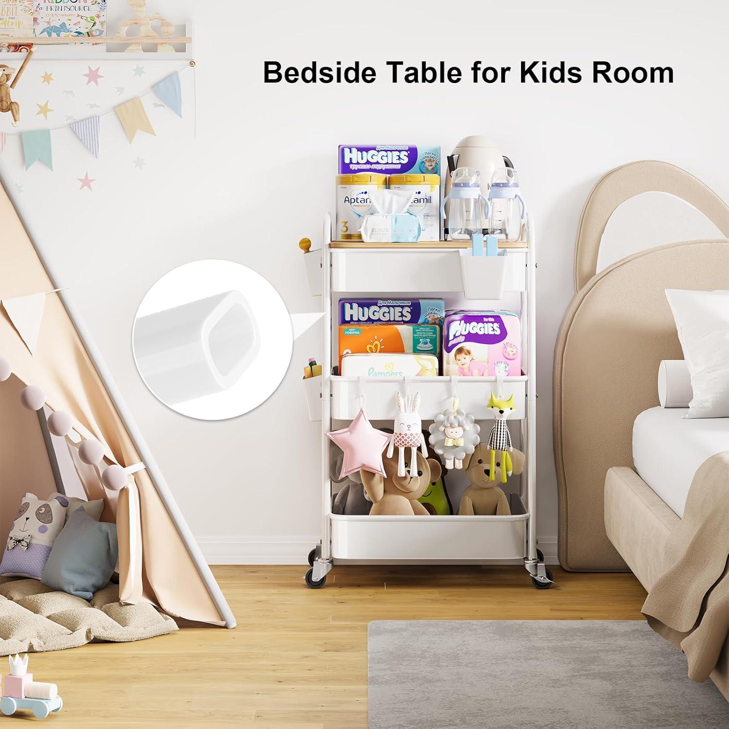 Carro Rodante de 3 Niveles Kzeirm Blanco con Mesa de Bambú