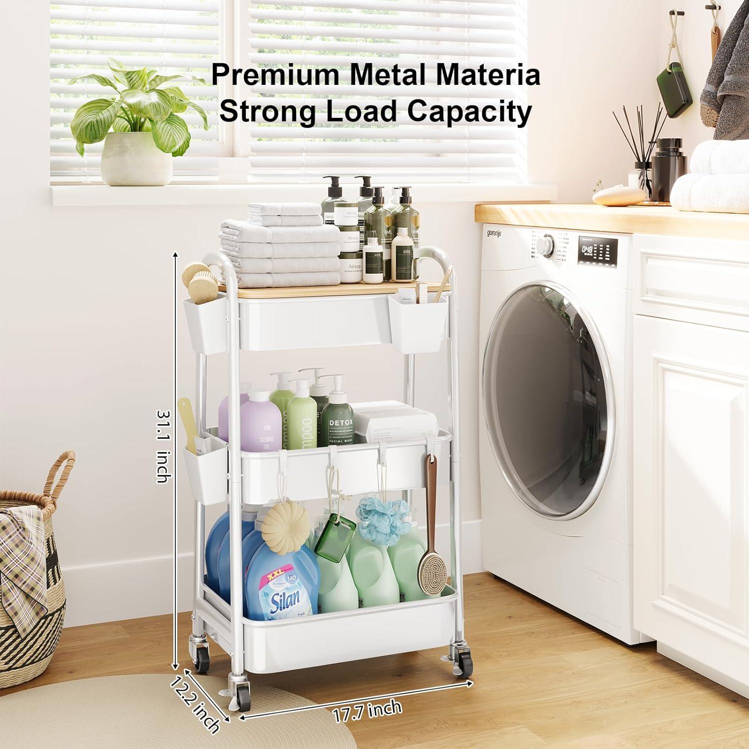 Carro Rodante de 3 Niveles Kzeirm Blanco con Mesa de Bambú