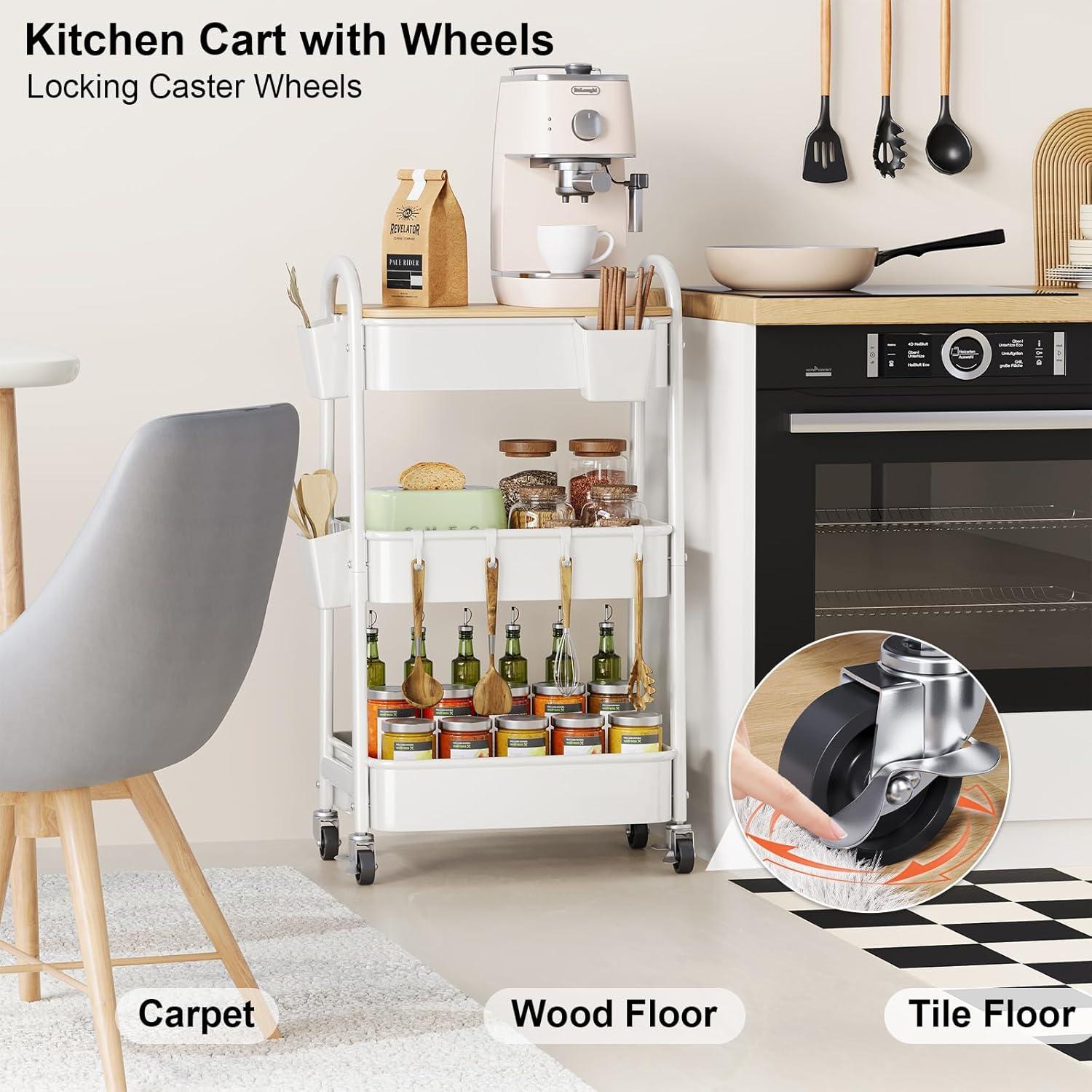 Carro Rodante de 3 Niveles Kzeirm Blanco con Mesa de Bambú