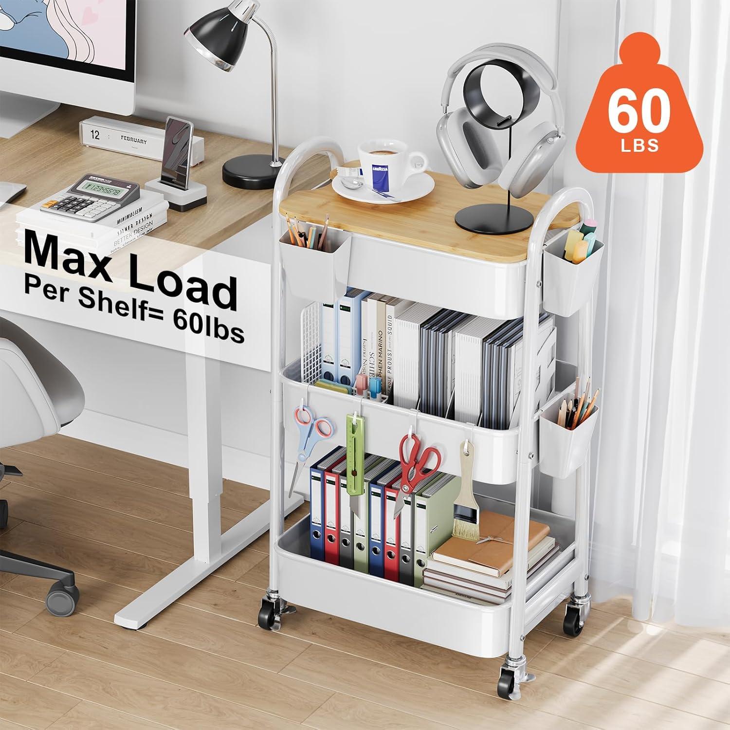 Carro Rodante de 3 Niveles Kzeirm Blanco con Mesa de Bambú