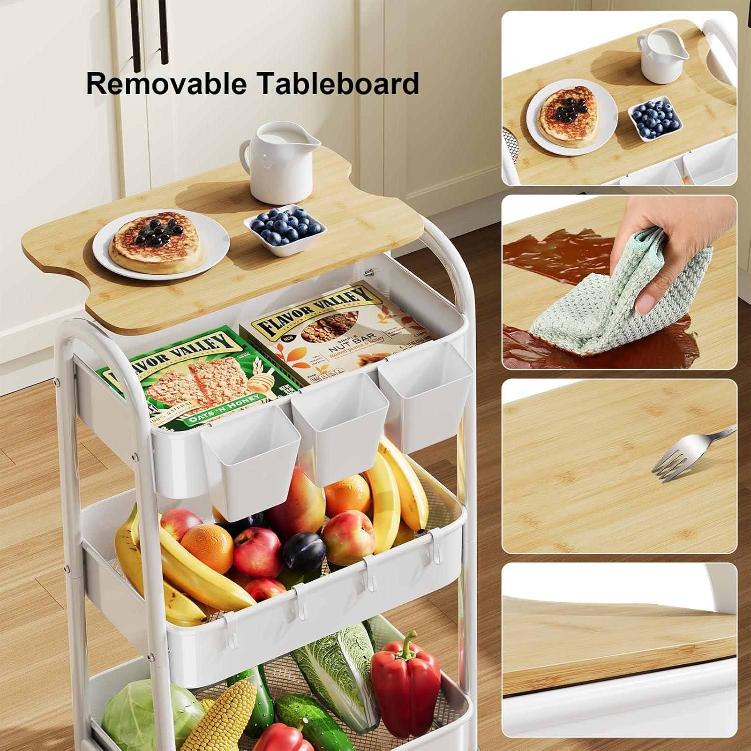 Carro Rodante de 3 Niveles Kzeirm Blanco con Mesa de Bambú