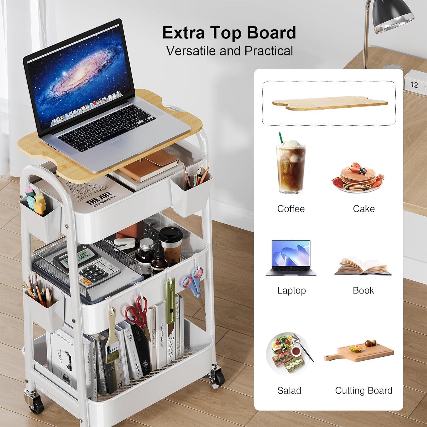 Carro Rodante de 3 Niveles Kzeirm Blanco con Mesa de Bambú