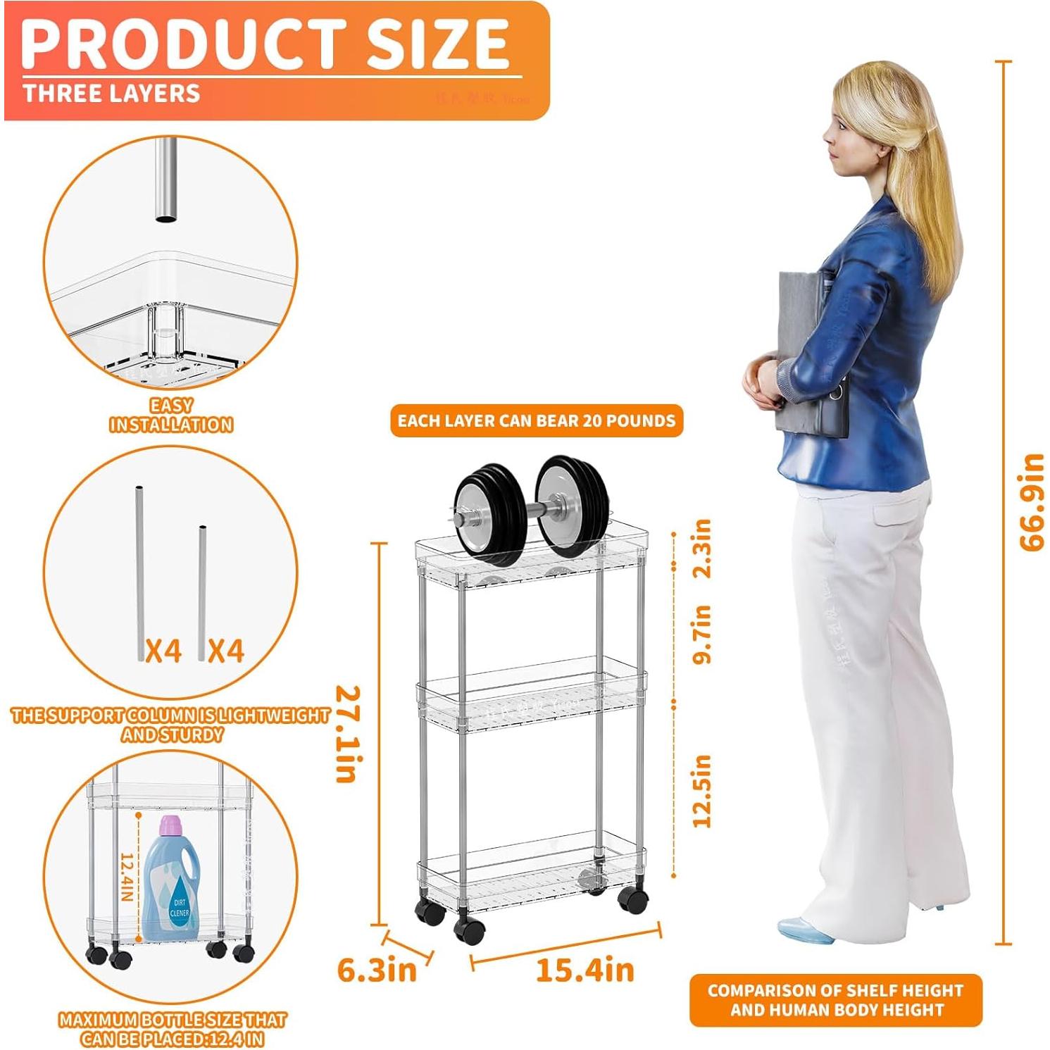 Carro de Almacenamiento Rodante Yieach 3 Niveles 16 cm Ancho