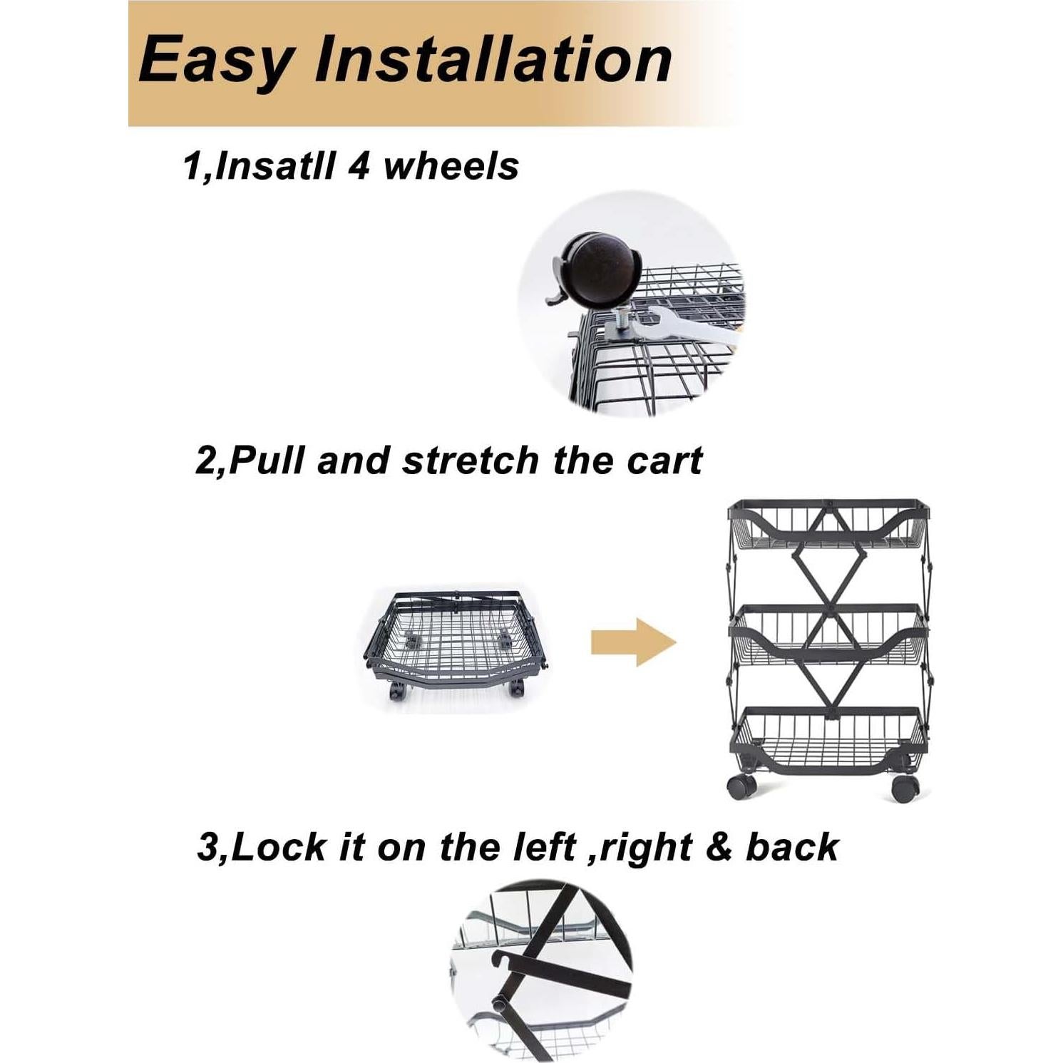 Carro de Almacenamiento Plegable MGMGART Negro 3 Niveles 2.2 kg
