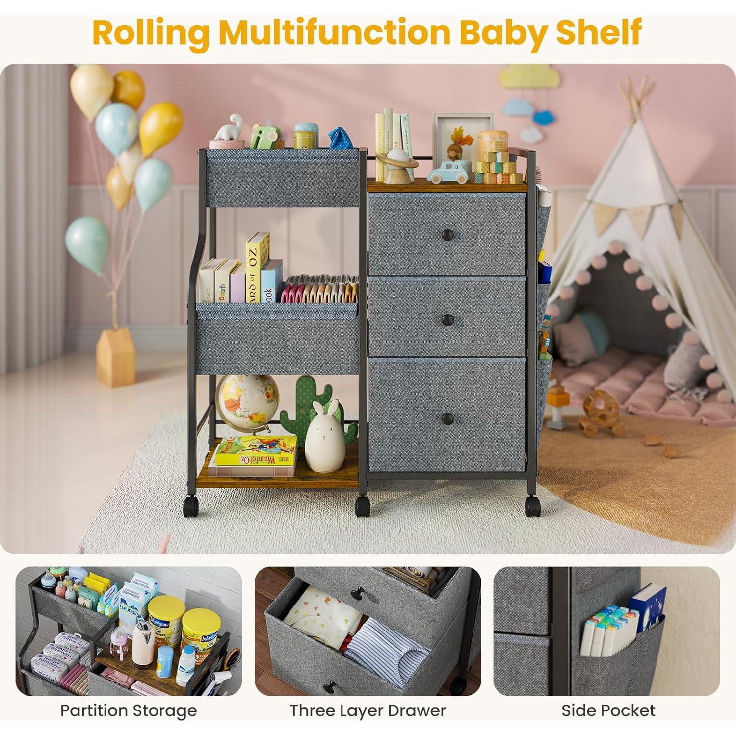 Organizador de Pañales Nuoex 3 Niveles con Ruedas Gris