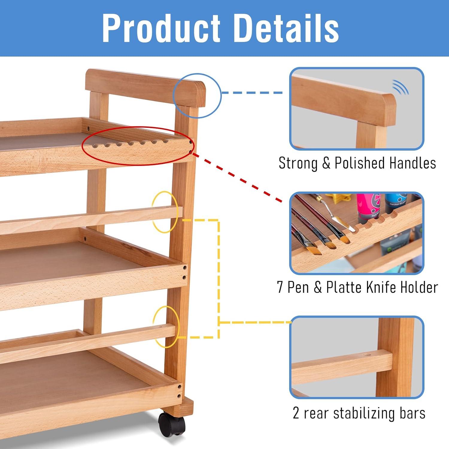 Carro Rodante de Almacenamiento Caída en Arte 3 Niveles Madera Haya