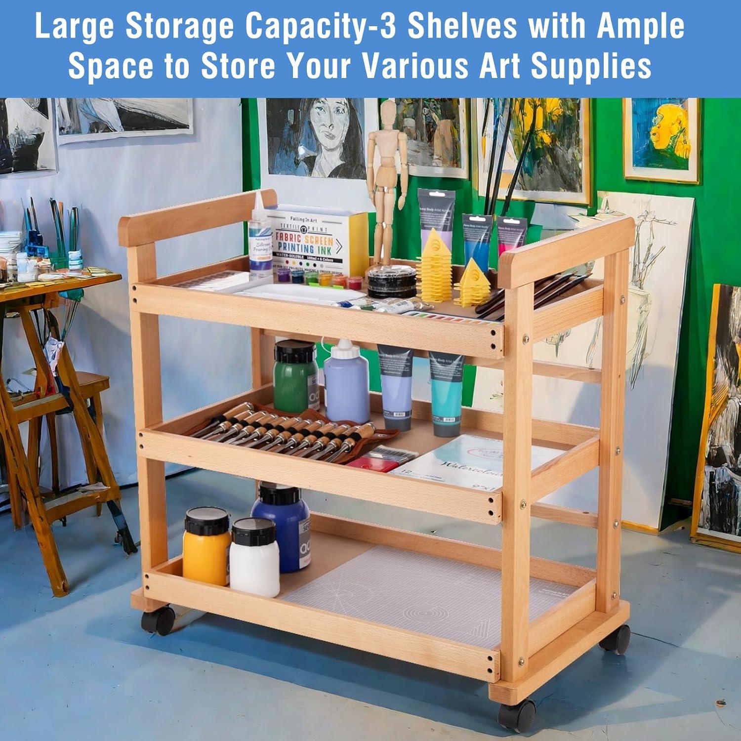 Carro Rodante de Almacenamiento Caída en Arte 3 Niveles Madera Haya