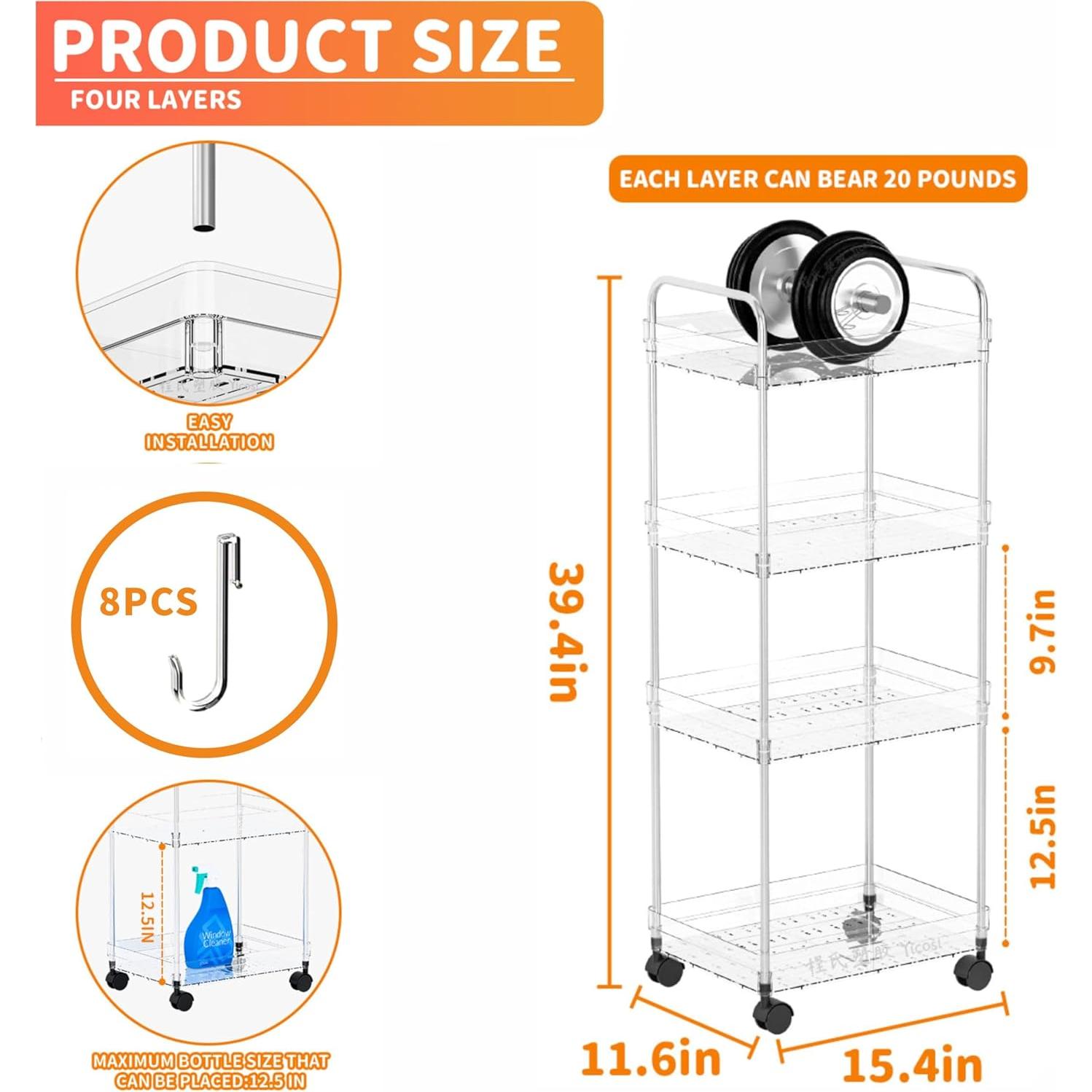 Carro Rodante de Almacenamiento Yieach Acrílico 4 Niveles