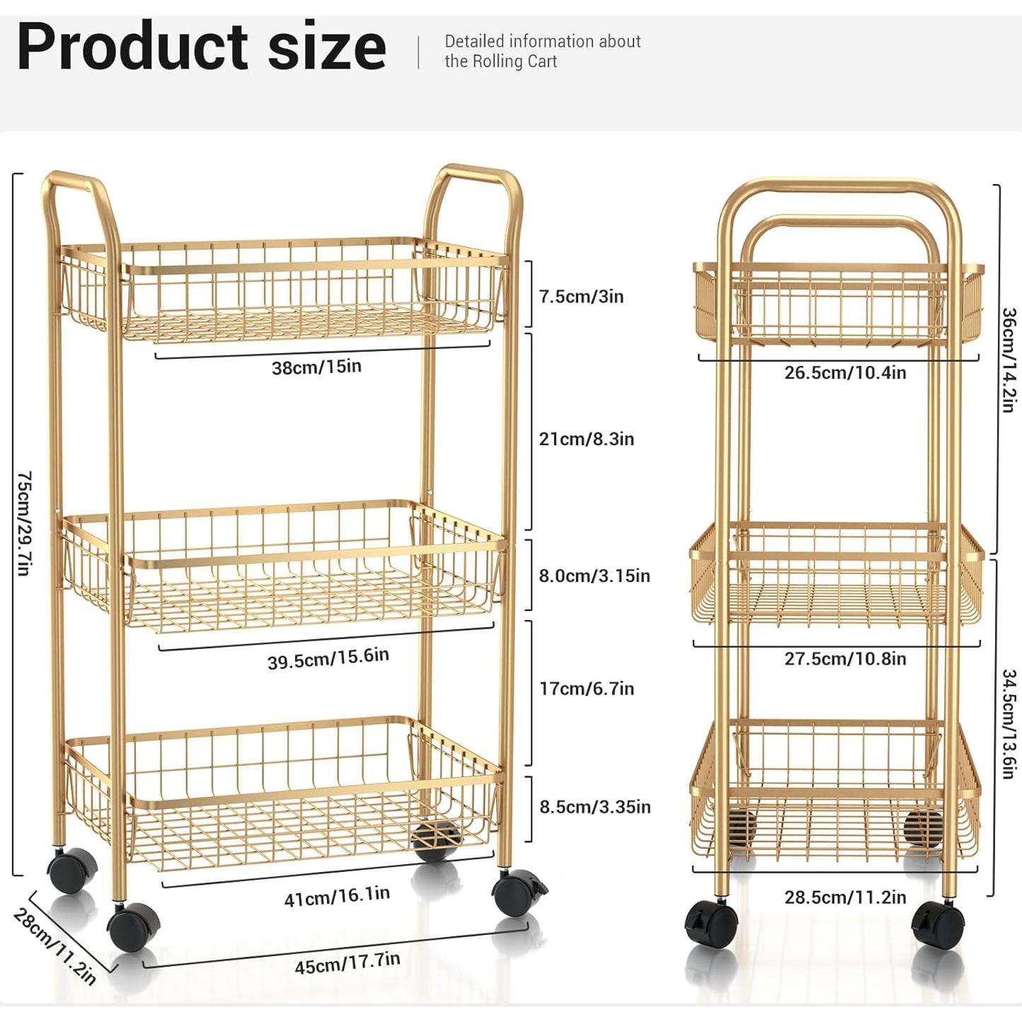 Carro de Almacenamiento MNOPQ Dorado 3 Niveles con Ruedas