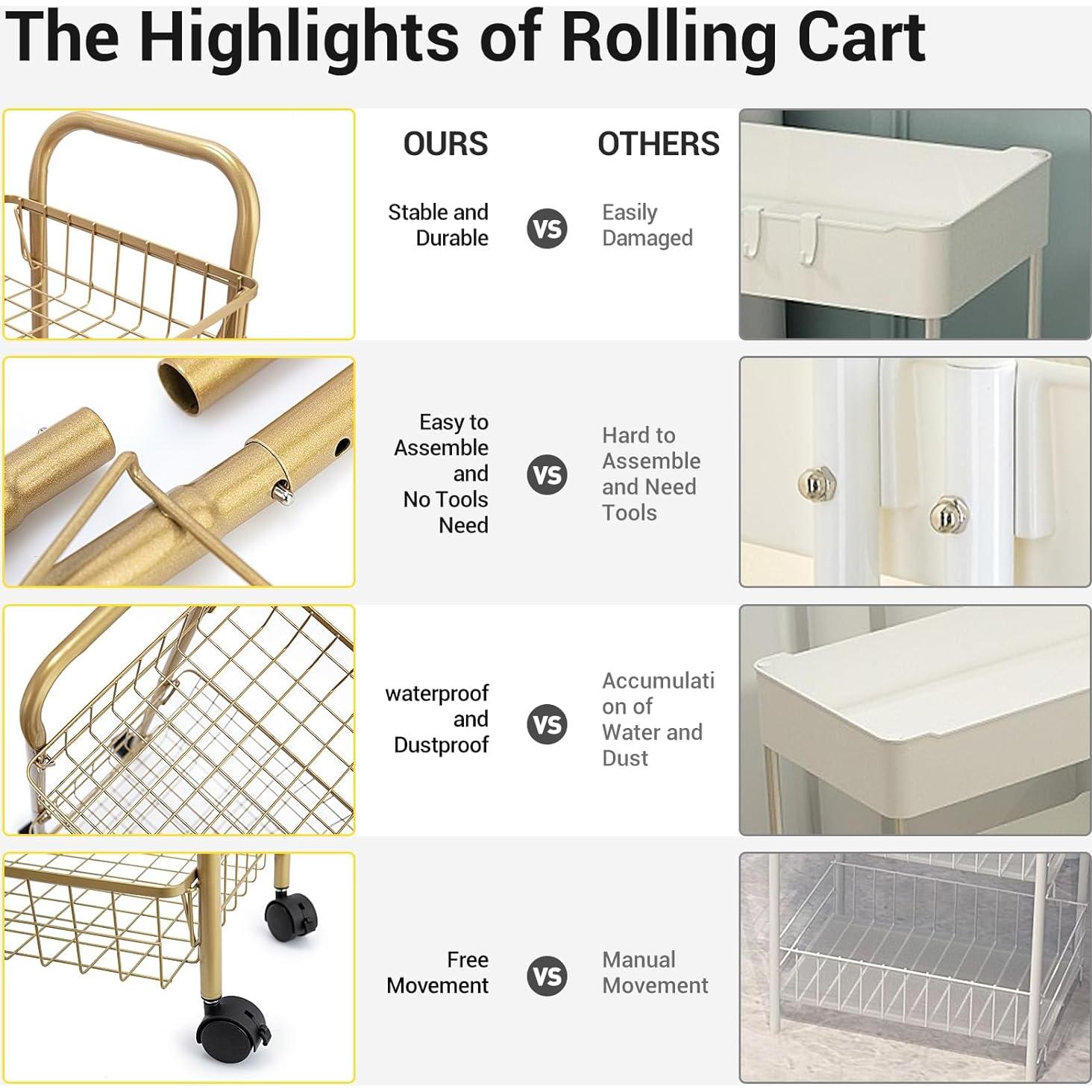 Carro de Almacenamiento MNOPQ Dorado 3 Niveles con Ruedas