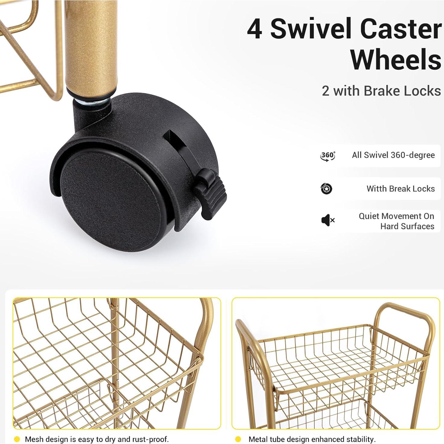 Carro de Almacenamiento MNOPQ Dorado 3 Niveles con Ruedas