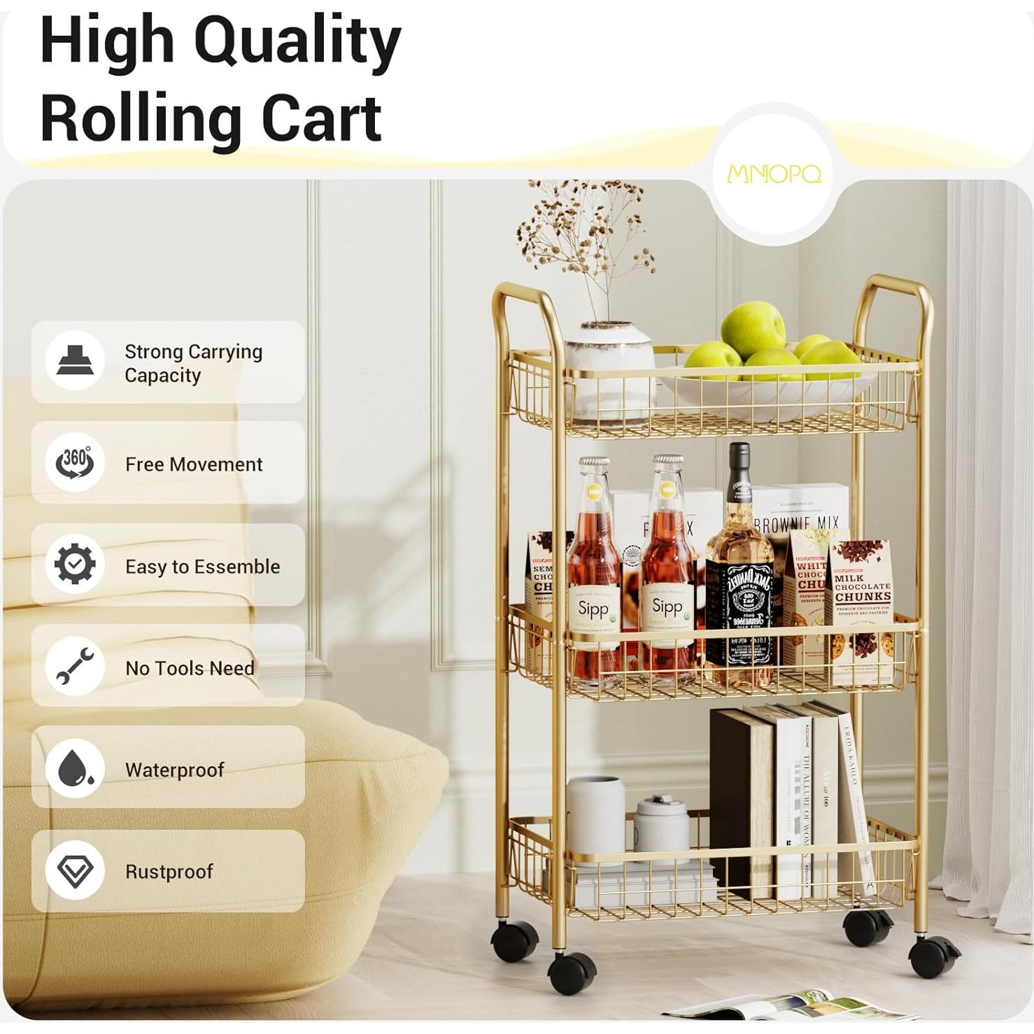 Carro de Almacenamiento MNOPQ Dorado 3 Niveles con Ruedas