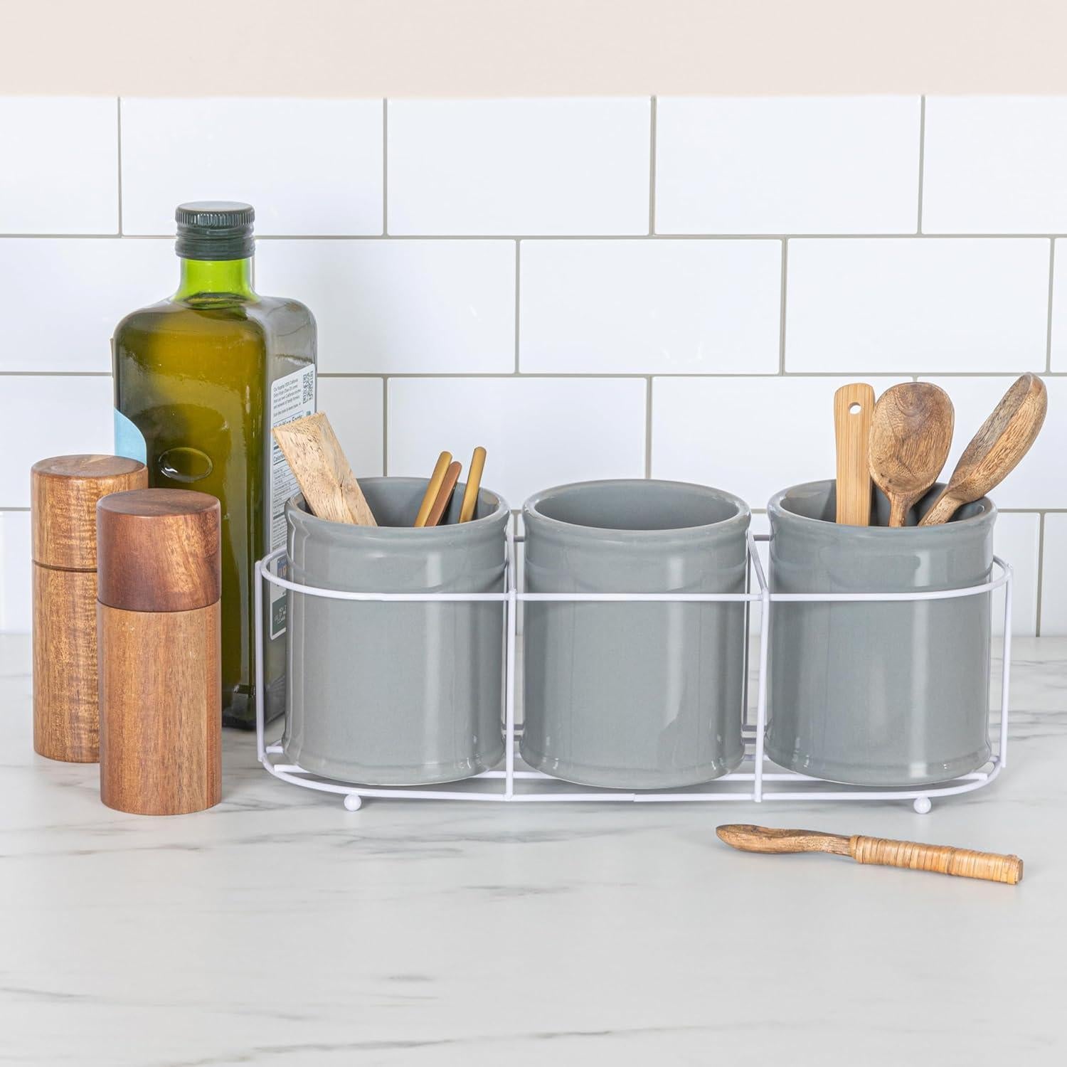 Conjunto de 3 Crocks de Cerámica Creative Co-Op en Gris y Blanco