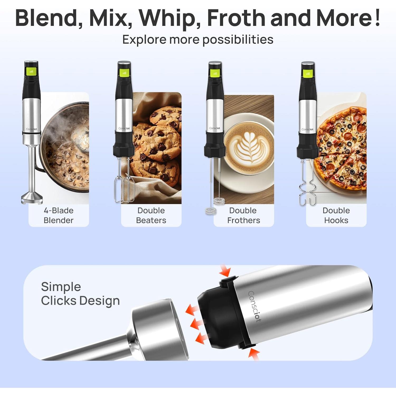 Batidora de Inmersión Consciot CH08 1100W 4 en 1 con Accesorios