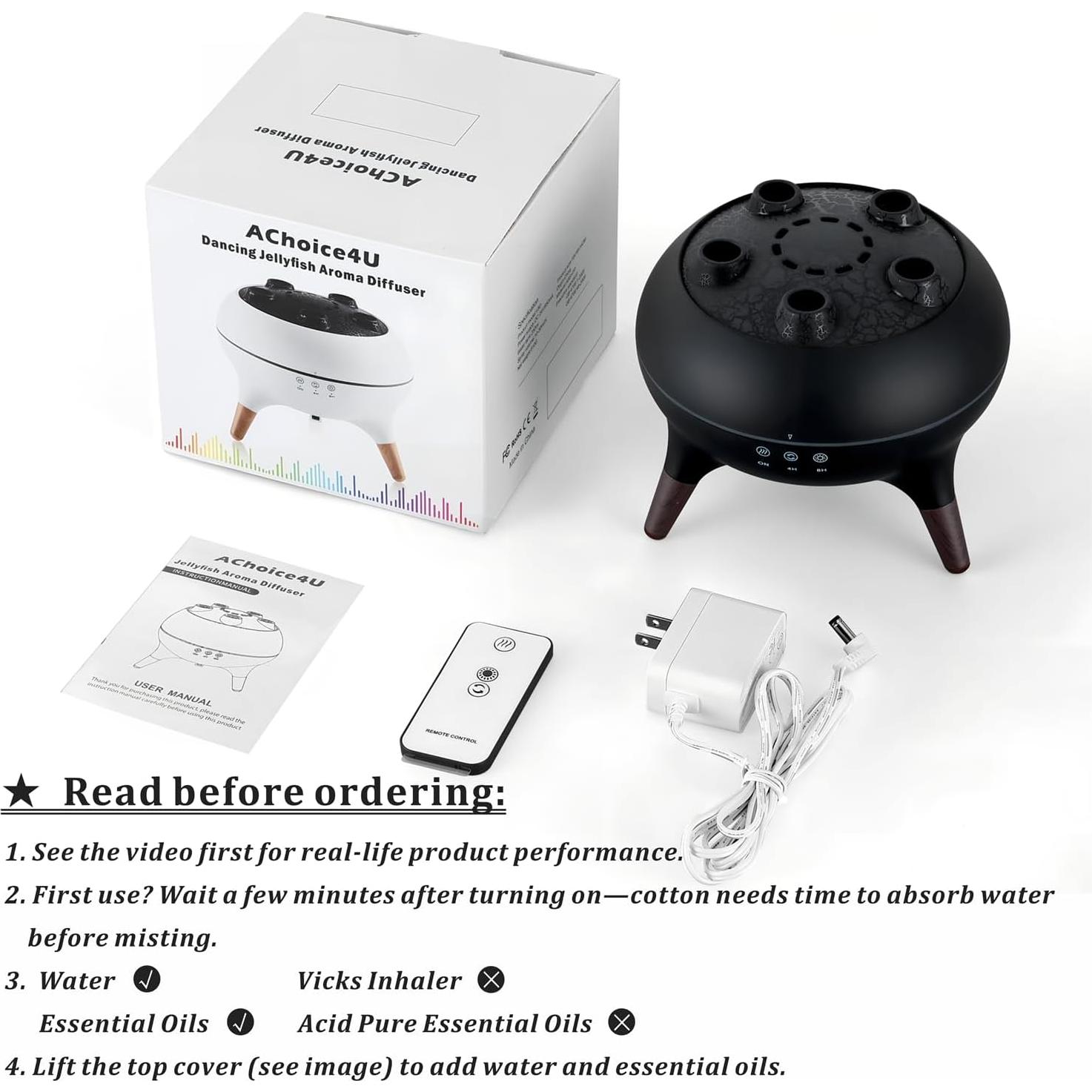 Difusor de Aceite Esencial 250ML AChoice4U V80 Negro con Luces LED