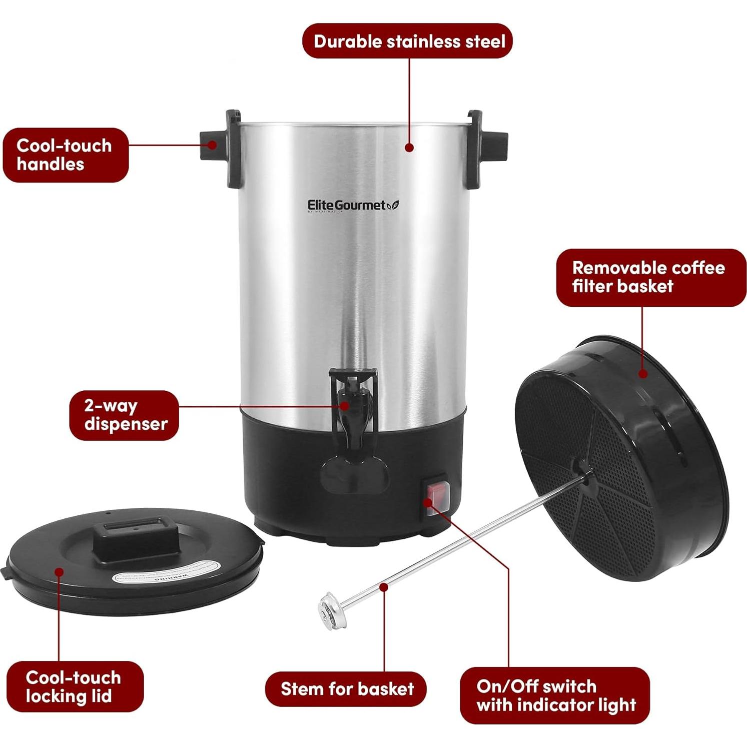 Cafetera Elite Gourmet 30 Tazas Acero Inoxidable Manual