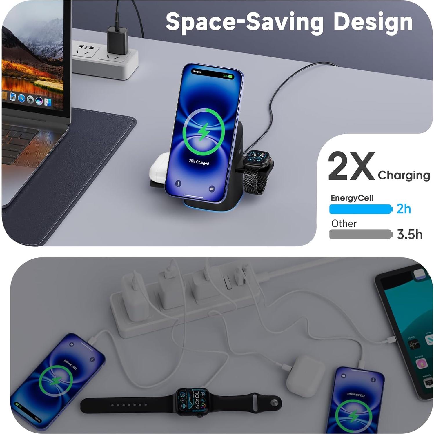 Cargador Inalámbrico 3 en 1 EnergyCell Qi2 15W Negro