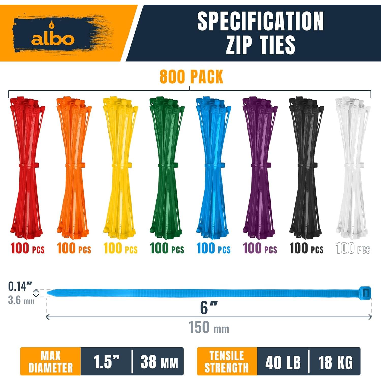Bridas de Colores ALBO 150 mm 800 Piezas Nylon Resistente UV