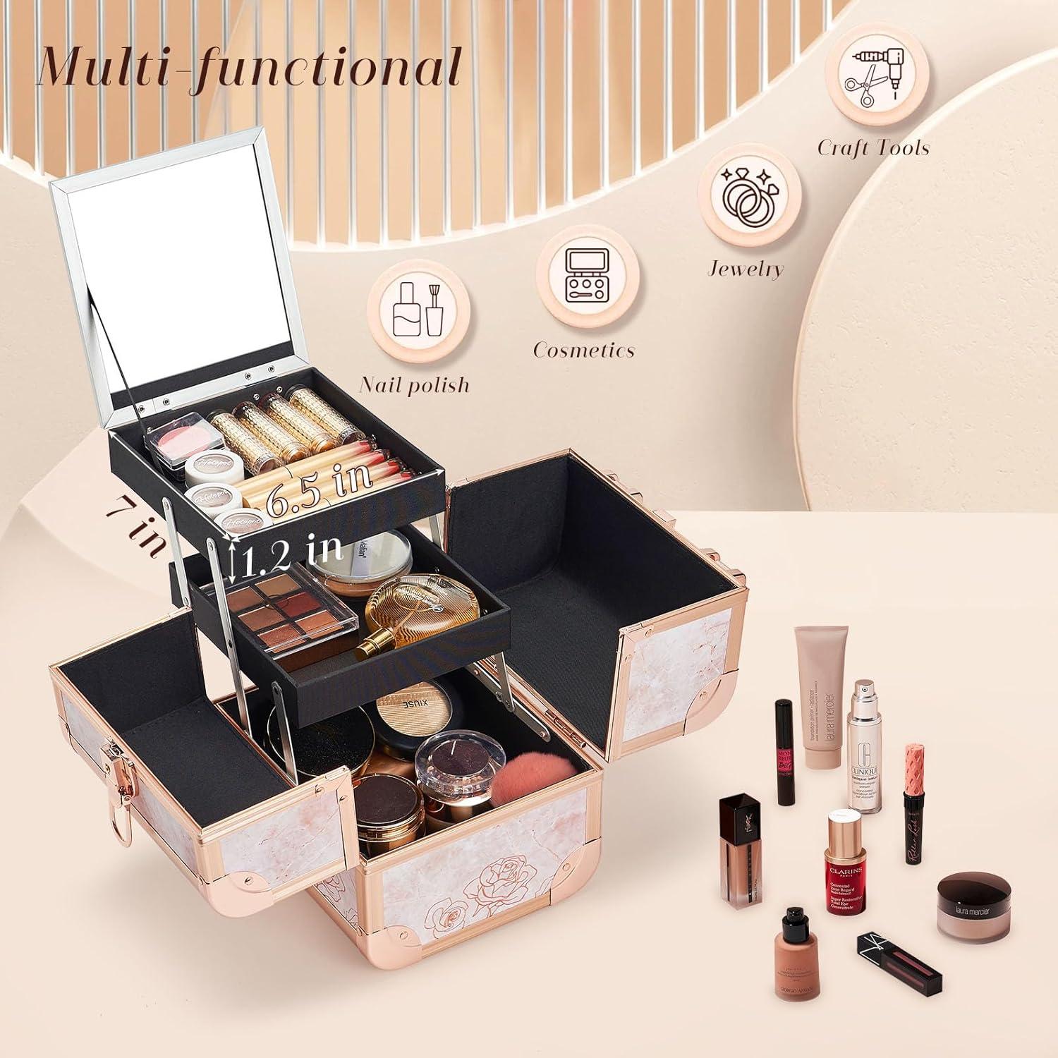 Estuche de Maquillaje Costravio Rosa Dorado con Espejo 20.3x17.8 cm