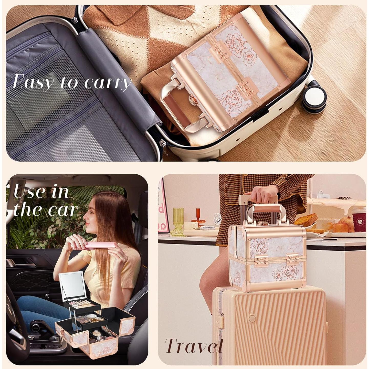 Estuche de Maquillaje Costravio Rosa Dorado con Espejo 20.3x17.8 cm