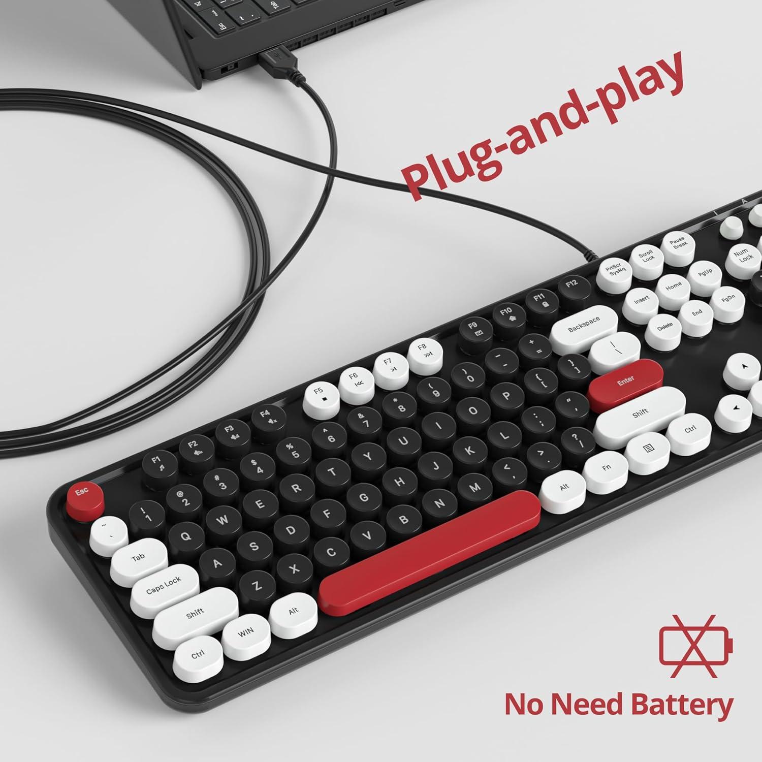 Teclado Retro USB Ussixchare 104 Teclas Redondas Negro