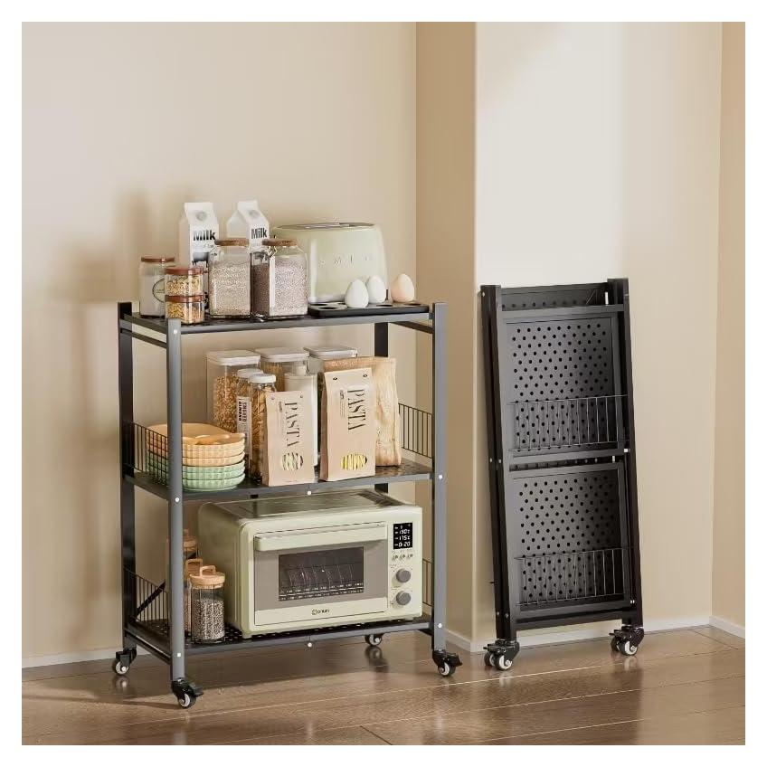 Estante Plegable KWRRI Negro 3 Niveles 300kg Ruedas