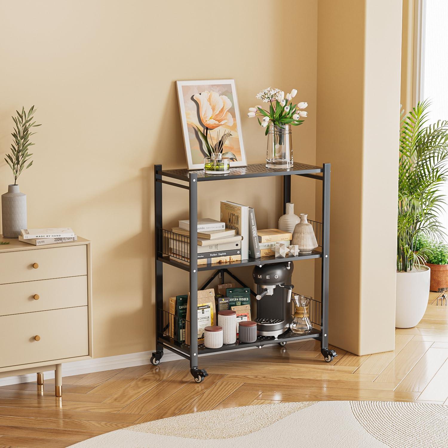 Estante Plegable KWRRI Negro 3 Niveles 300kg Ruedas