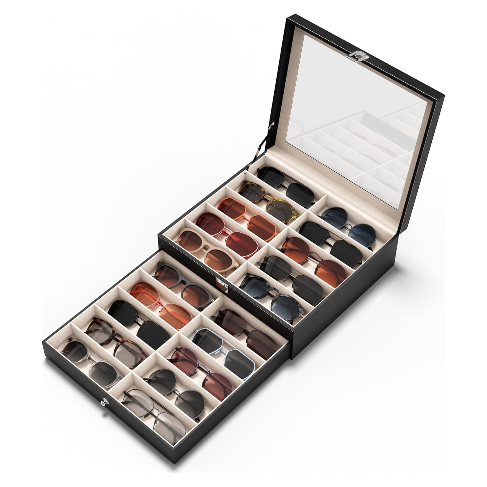 Organizador de Gafas de Sol 20 Compartimentos Negro - Almacenamiento Transparente