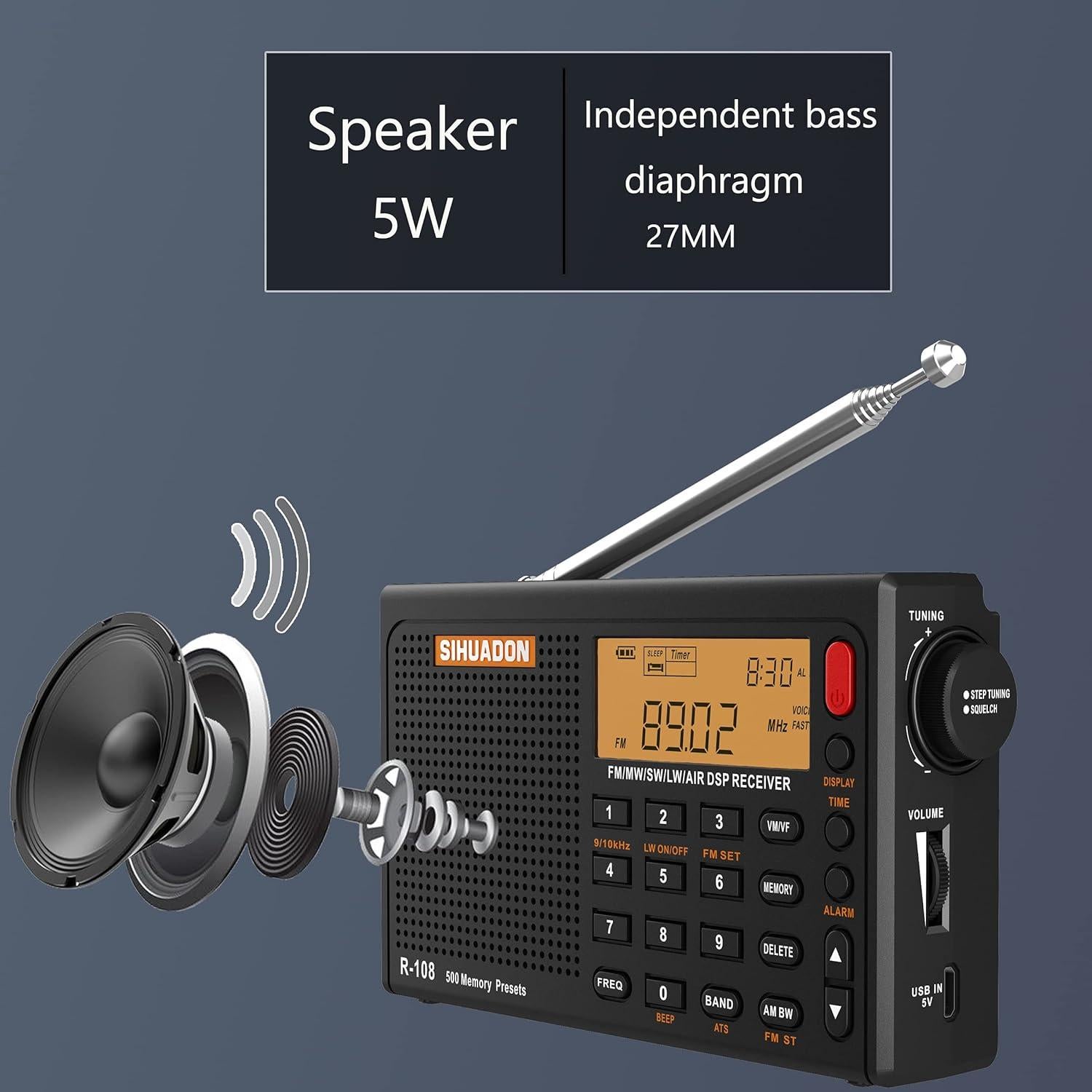 Radio Portátil AM FM SW R108 RADIWOW con DSP y Auriculares