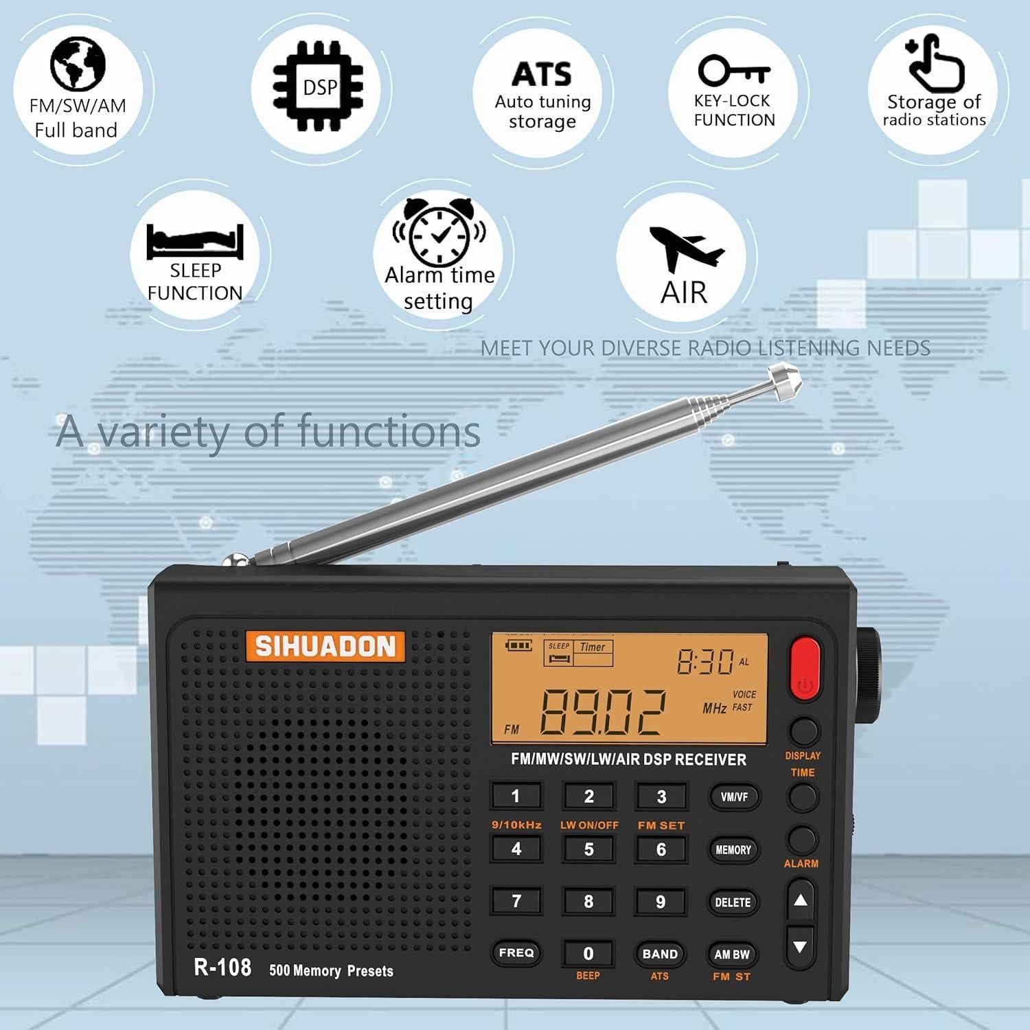 Radio Portátil AM FM SW R108 RADIWOW con DSP y Auriculares