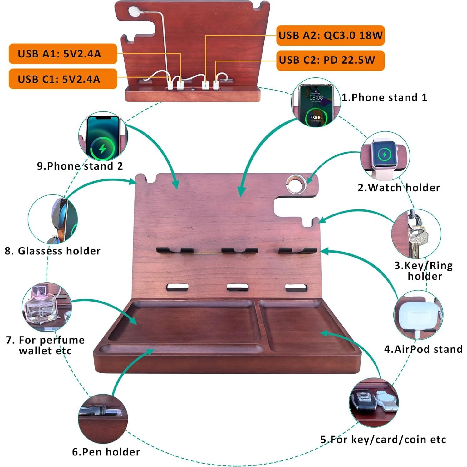 Estación de Carga USB Madera Xunhomon 22.5W PD QC3.0