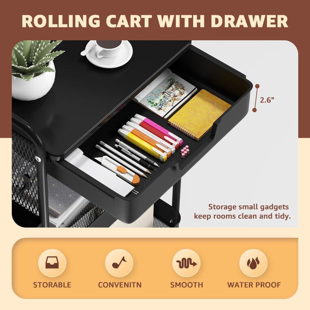 Carro Rodante de 3 Niveles HIDODO con Cajón Negro