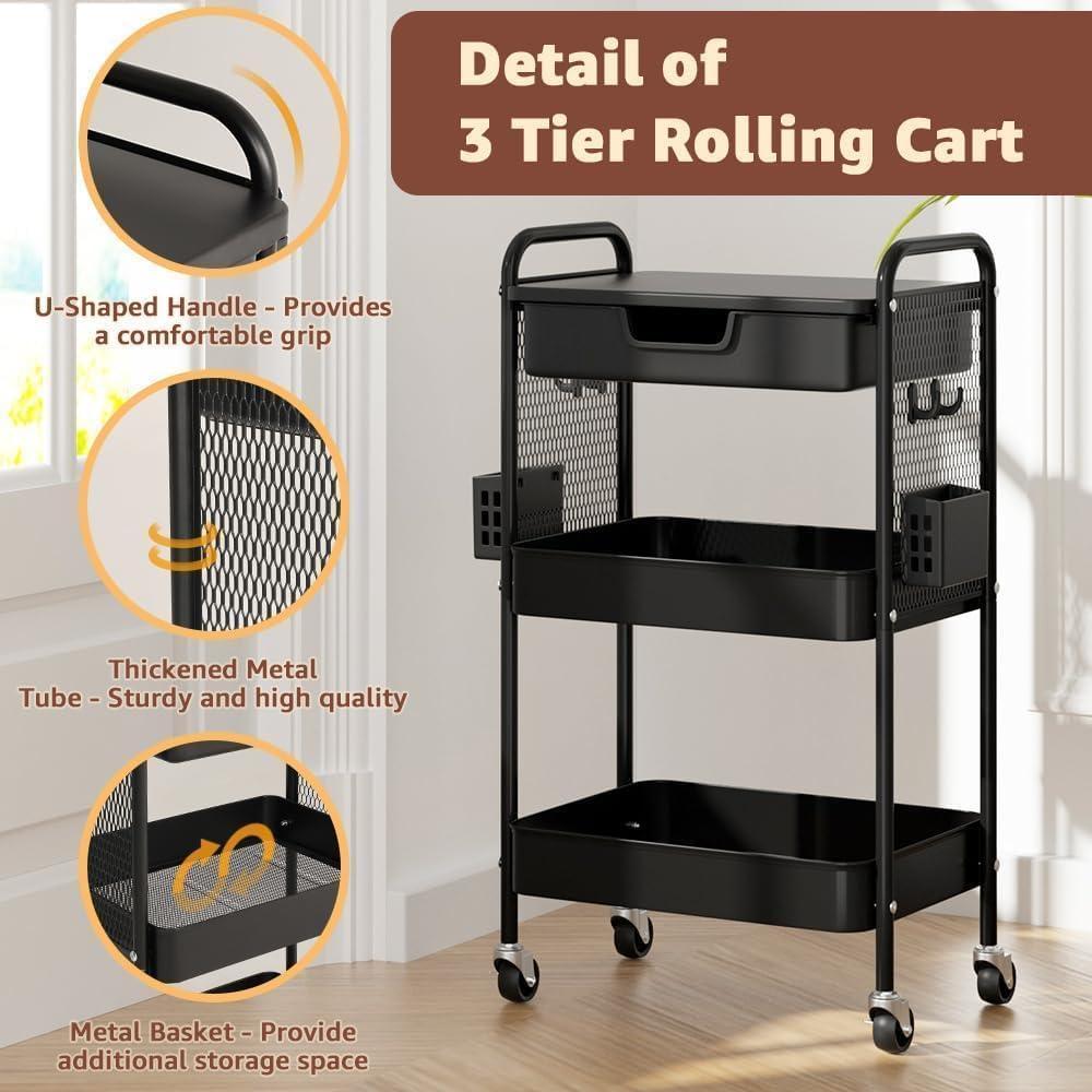 Carro Rodante de 3 Niveles HIDODO con Cajón Negro