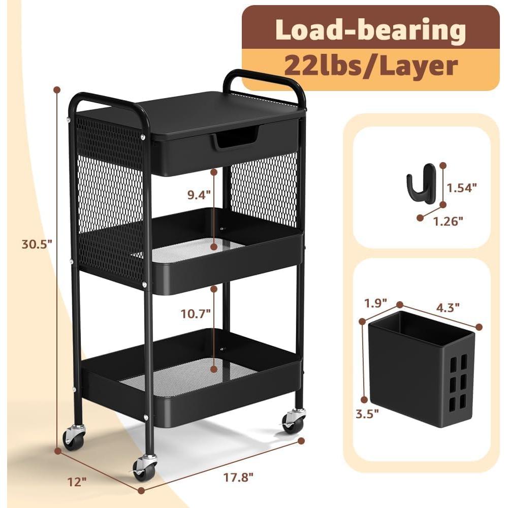 Carro Rodante de 3 Niveles HIDODO con Cajón Negro