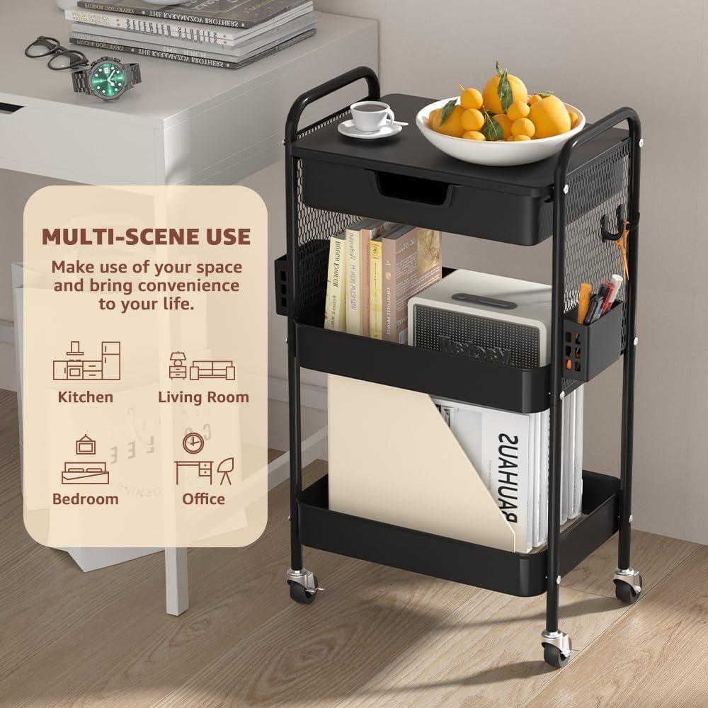 Carro Rodante de 3 Niveles HIDODO con Cajón Negro