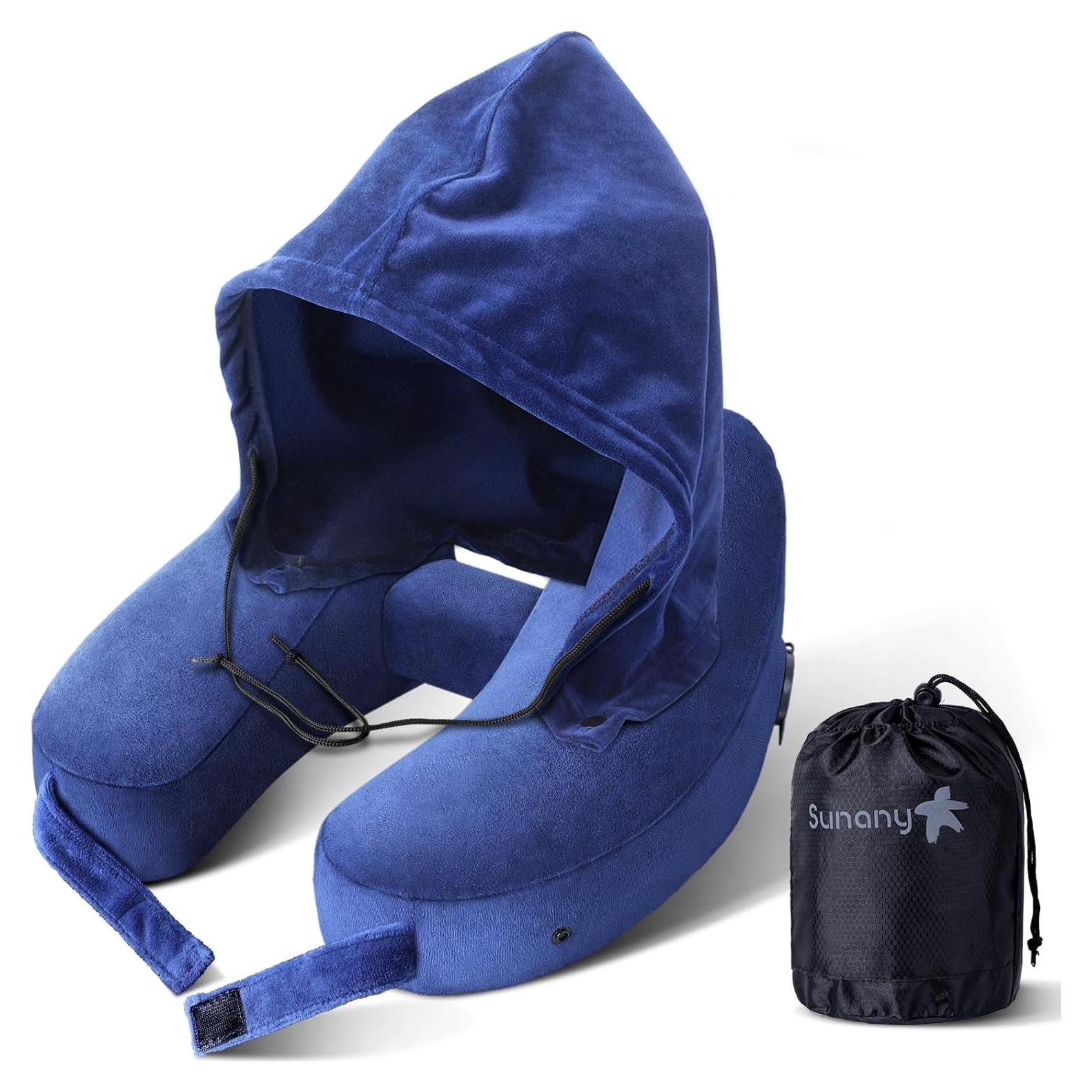 Almohada Inflable de Cuello Sunany con Capucha Azul para Viajes