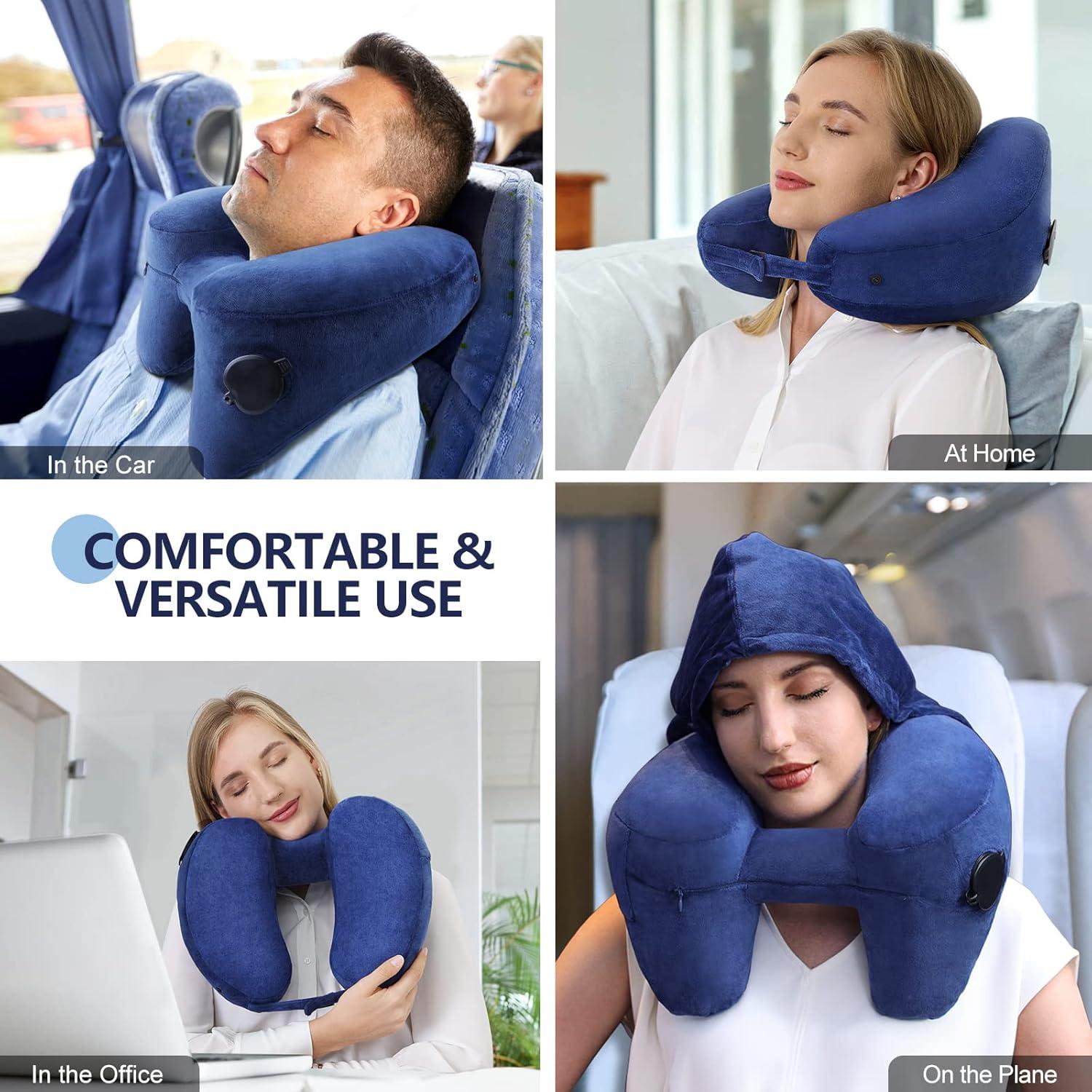 Almohada Inflable de Cuello Sunany con Capucha Azul para Viajes