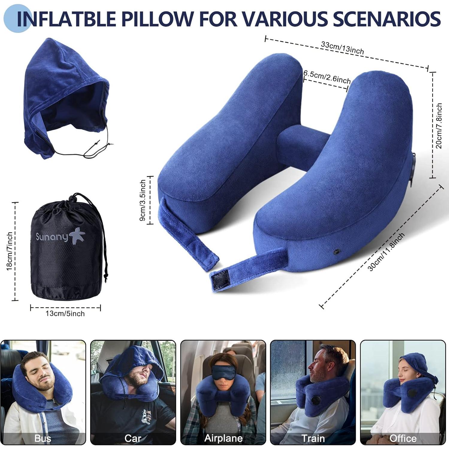 Almohada Inflable de Cuello Sunany con Capucha Azul para Viajes